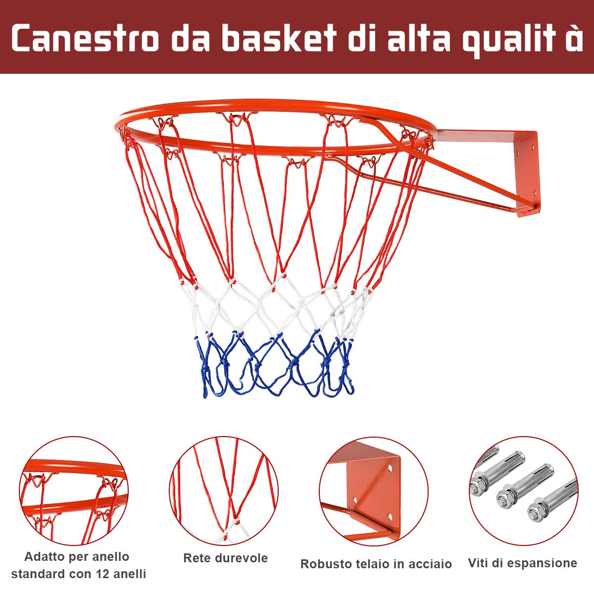 COSTWAY Canestro Da Basket Da Muro 46x46cm - Anello Metallo, Rete Nylon Antigroviglio, Per Interni Ed Esterni