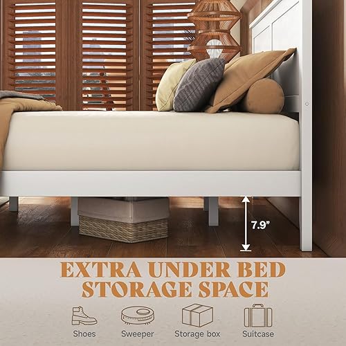 Miniatura 4 de Base de cama tamaño matrimonial gris con cabecera y estribo, cama de plataforma de tamaño matrimonial con soporte de listones de madera, marco de