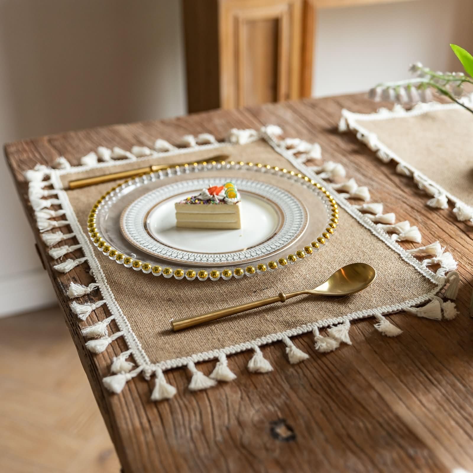 Mantel Individual Pack 8,30 x 45 CM,Individuales Mesa Lino Color Sólido con Borlas Mantel Individual Rectangular Antimanchas Marrón Beige