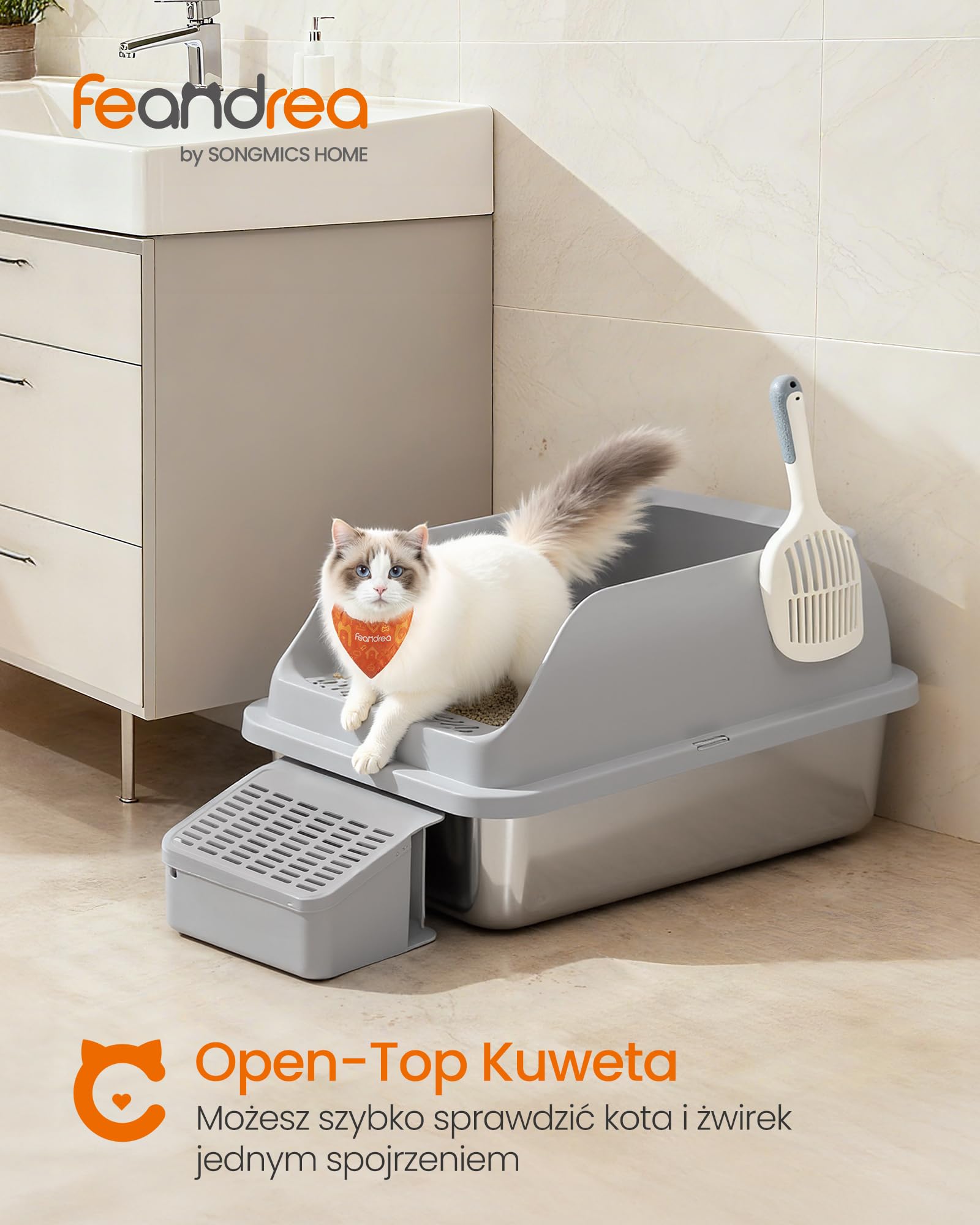 Feandrea Kuweta dla kota ze stali nierdzewnej, otwarta konstrukcja, z wysokimi bokami, stopniem, łopatką i szczotką, dla kotów do 15 kg, kolor szary łupkowy PPT008GN01