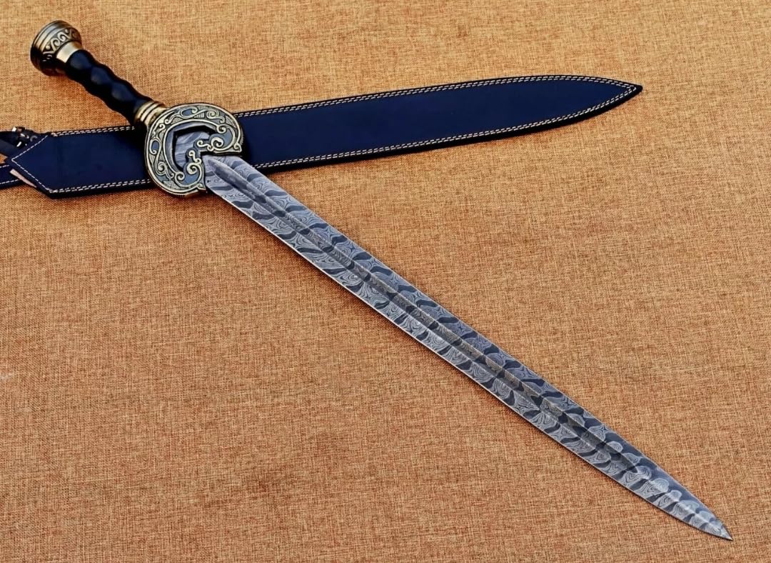 Empire - 32 Inch Long Viking Sword - Handmade Damascus Steel Blade with Leather Sheath - Sharp Edge - Medieval Sword - Collectible for Him