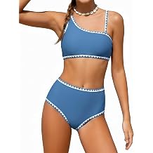 Girls Swimsuit 2 Piece Bikini Set Contrast Trim Bathing Suit 7-16Y | Lightweight,Breathable and Soft,Removable Padding,Asymmetric Design,Adjustable Strap.