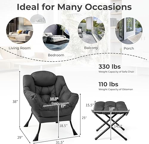 Miniatura 3 de KOMFOTT Lazy Sofa Chair con otomana, silla de lectura tapizada de ocio con reposabrazos y bolsillo lateral, moderna silla decorativa y reposapiés