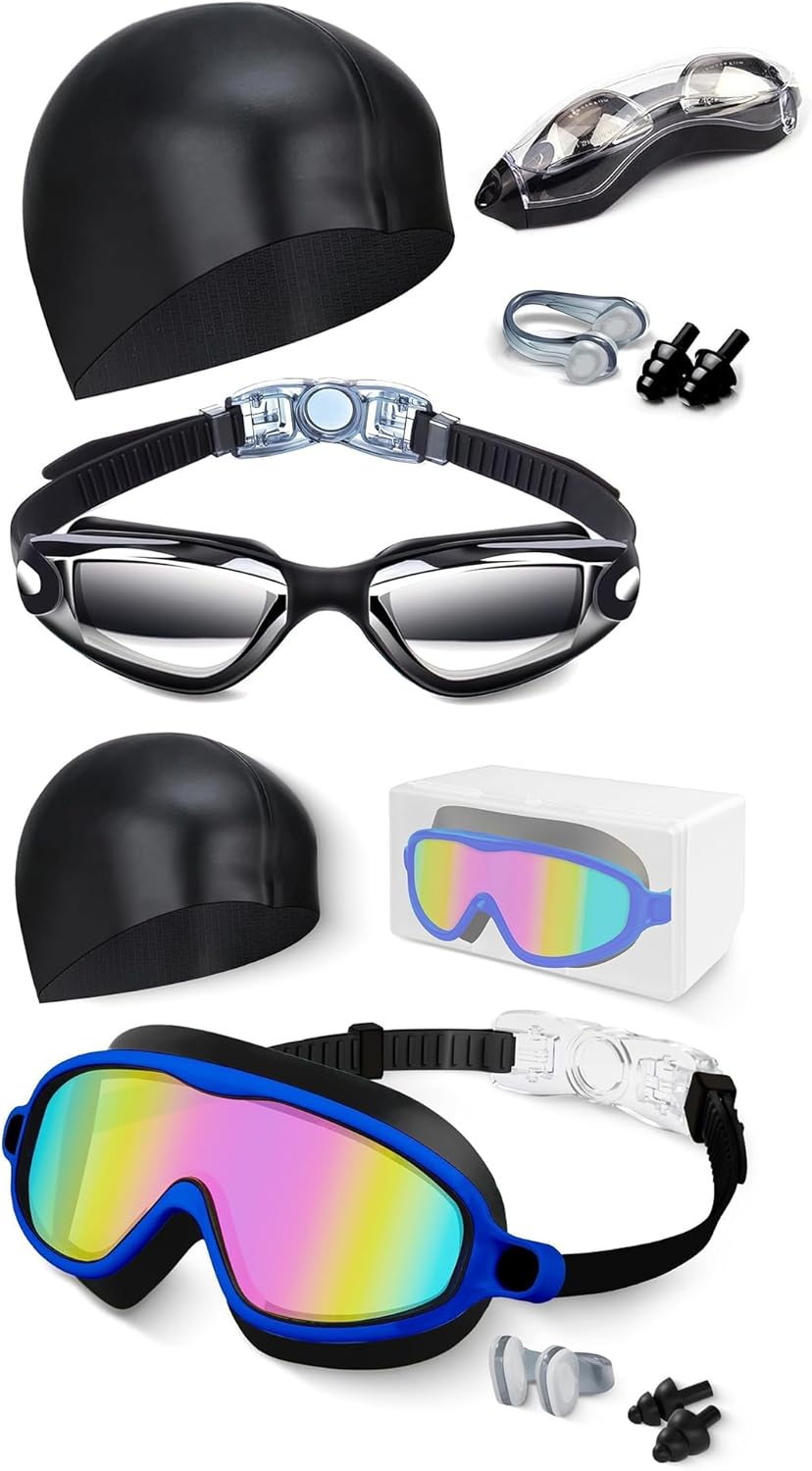 Goggles Adult & Kids Swim Goggles with Swim Cap, Anti-fog, UV Protection and Wide View