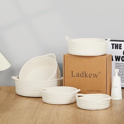 Miniatura 3 de Ladkew Juego de cestas de almacenamiento de 5 piezas, cestas tejidas de cuerda de algodón para organizar pequeñas cestas redondas para bebés