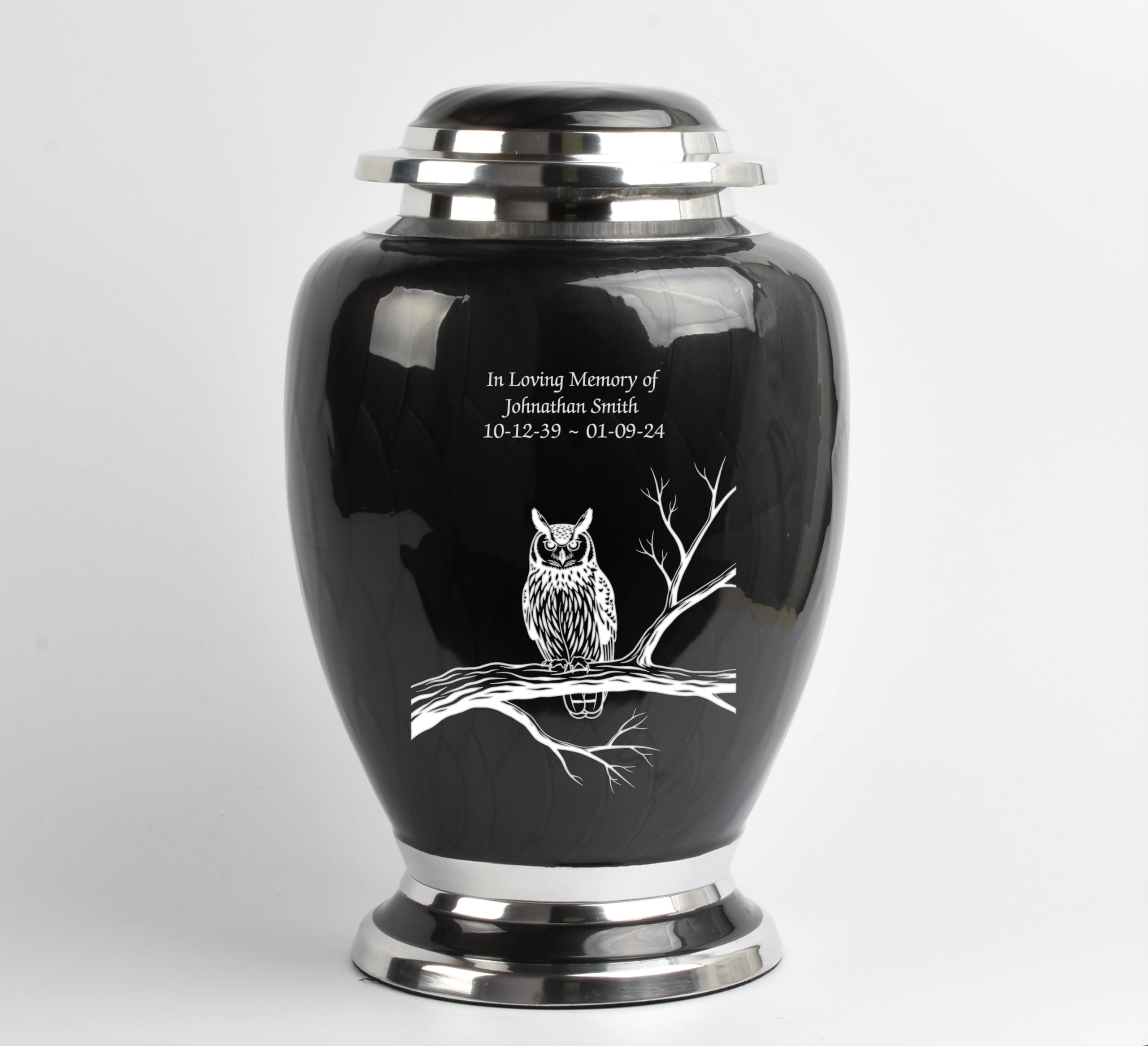 Urnswithlove Black- Owl Adult Aluminium Ashes Urn – Large Cremation Funeral Memorial Container – Durable Metal Keepsake For Loved Ones – Holds Approx. 90Kg / 14 Stone (Black- Owl)