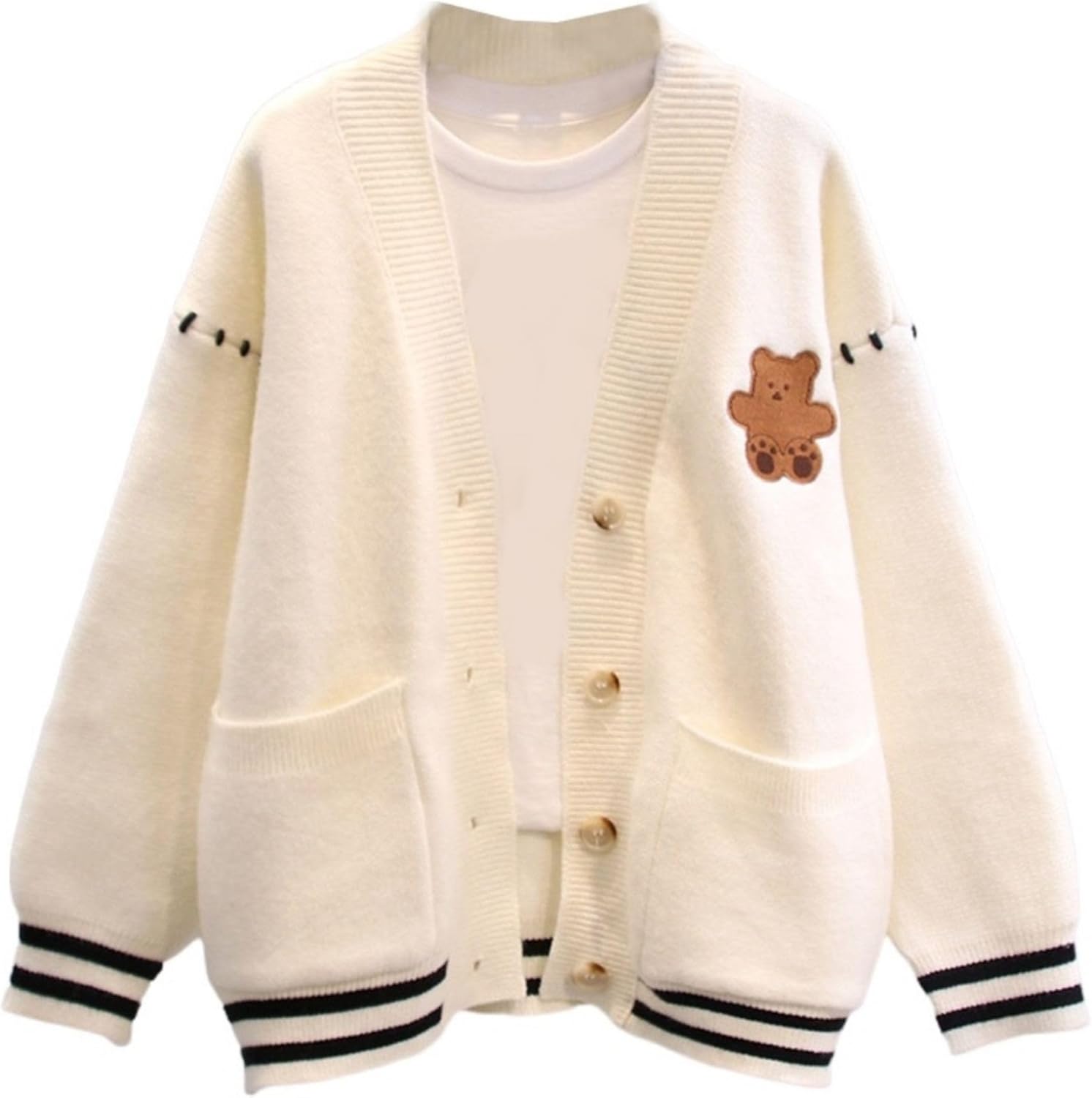 Women's Oversized Bear Embroidery Cardigan Long Sleeved V Neck Knit Sweater Kawaii Loose Cute Knitting Sweaters