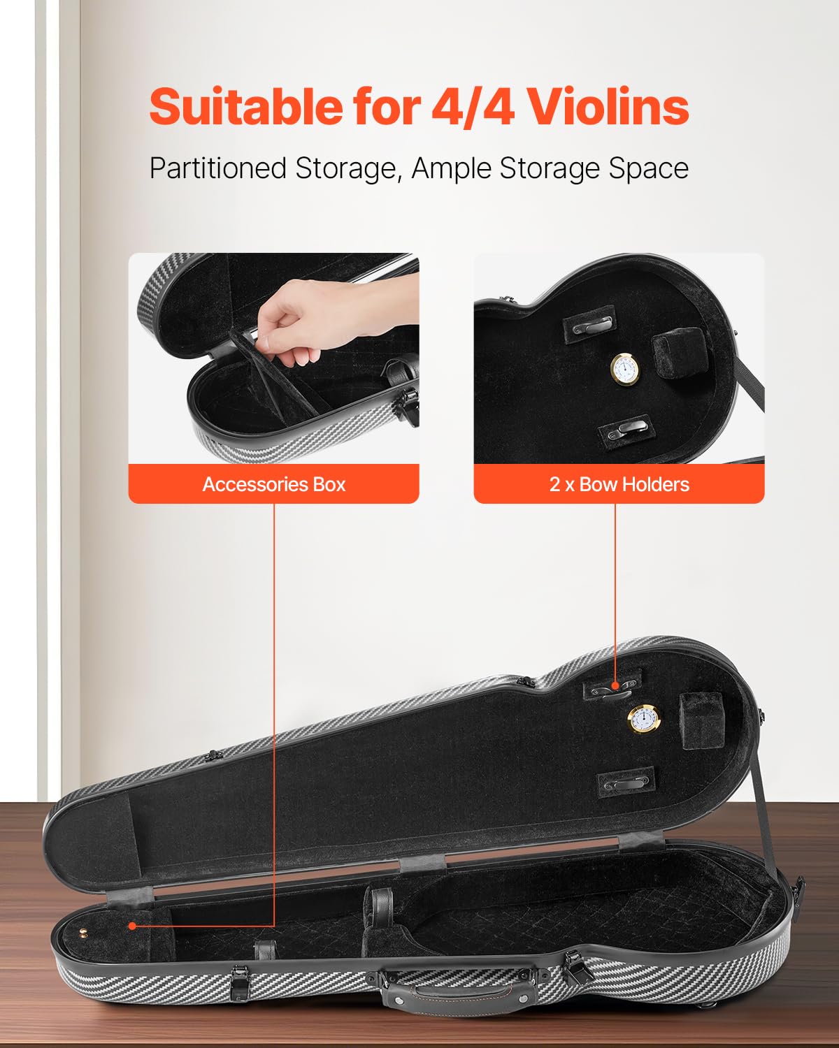 VEVOR Custodia per Violino, Dimensione Completa 4/4, Custodia da Viaggio per Violino 4/4, Igrometro Incorporato, con Fodera in Peluche, Doppie Tracolle, Antigraffio, Forma Triangolare, Nero