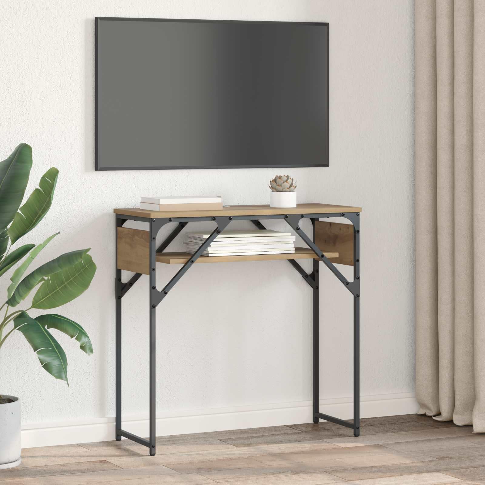 Tavolo consolle in rovere Artisan, 75 x 30 x 75 cm, con 2 ripiani, spazio per ufficio e home office, design robusto per studio, salvaspazio e durevole, in stile industriale