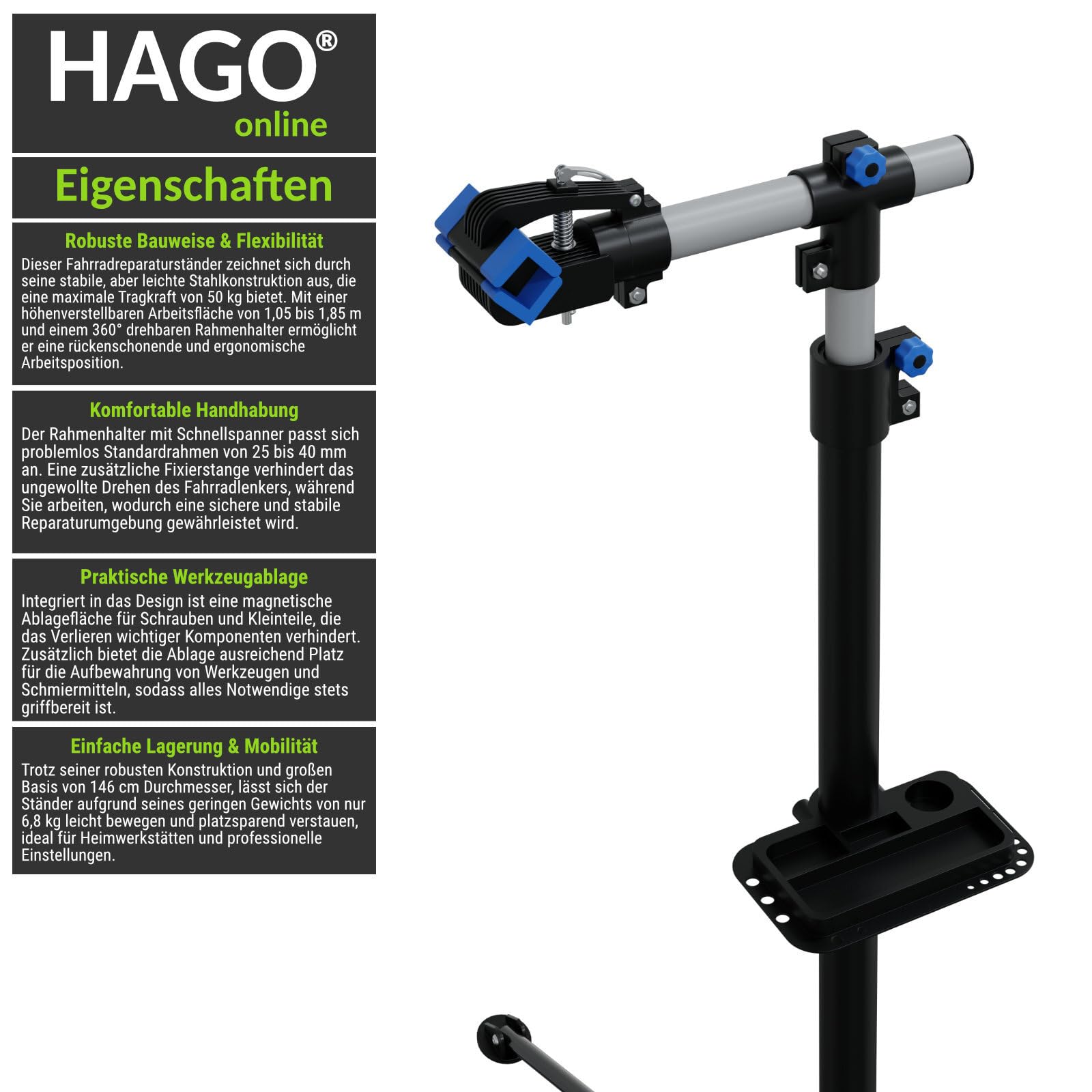 Support de montage télescopique pour vélo électrique - 50 kg - Réglable en hauteur - Pliable
