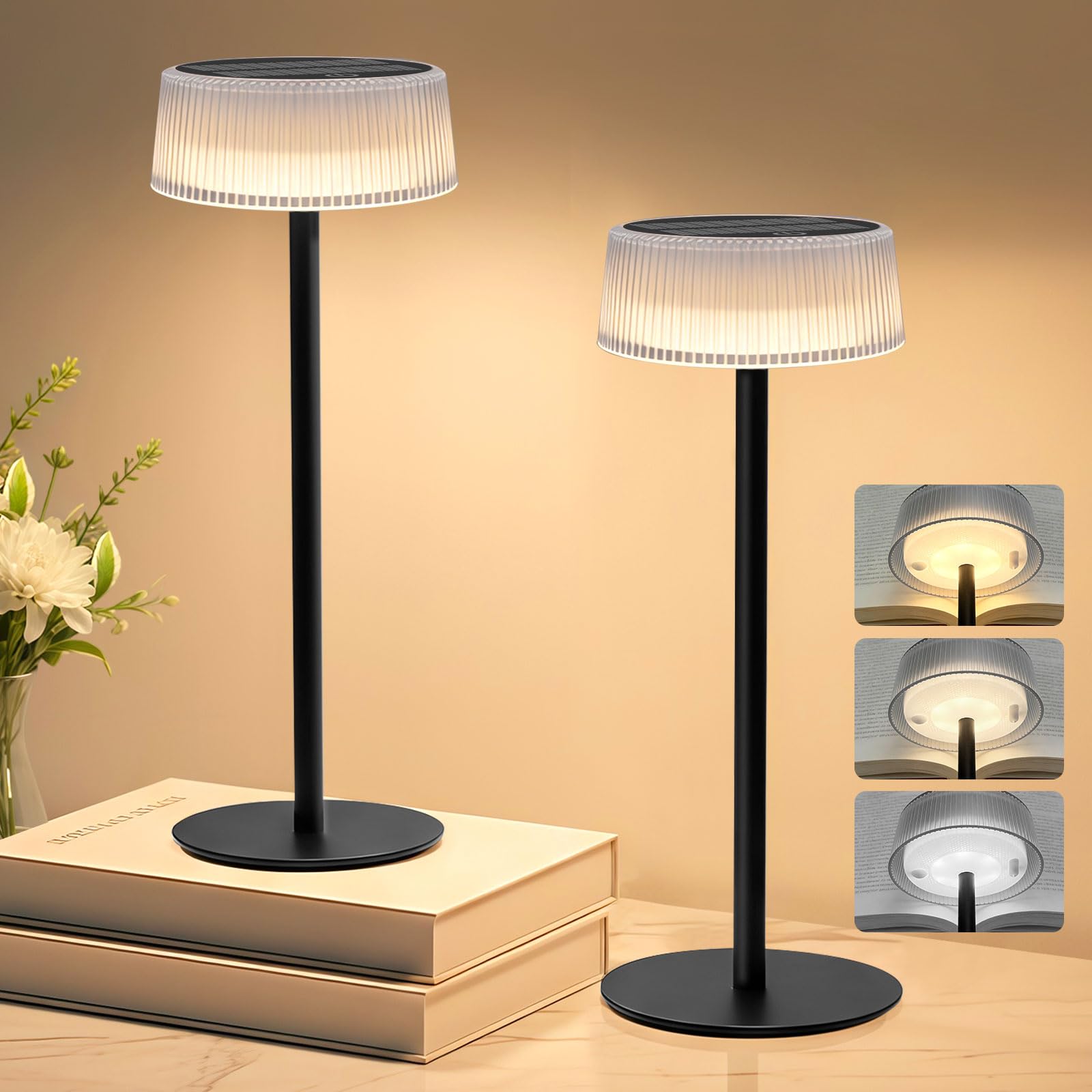 Lacasa Lamparas de Mesita de Noche sin Cable, 2 Pack Regulable Táctil Lampara de Mesa Solar, 3000-6000K IP67 Impermeable 4000mAh LED Lampara Mesa Salon Recargable Portatil para Interior y Exterior