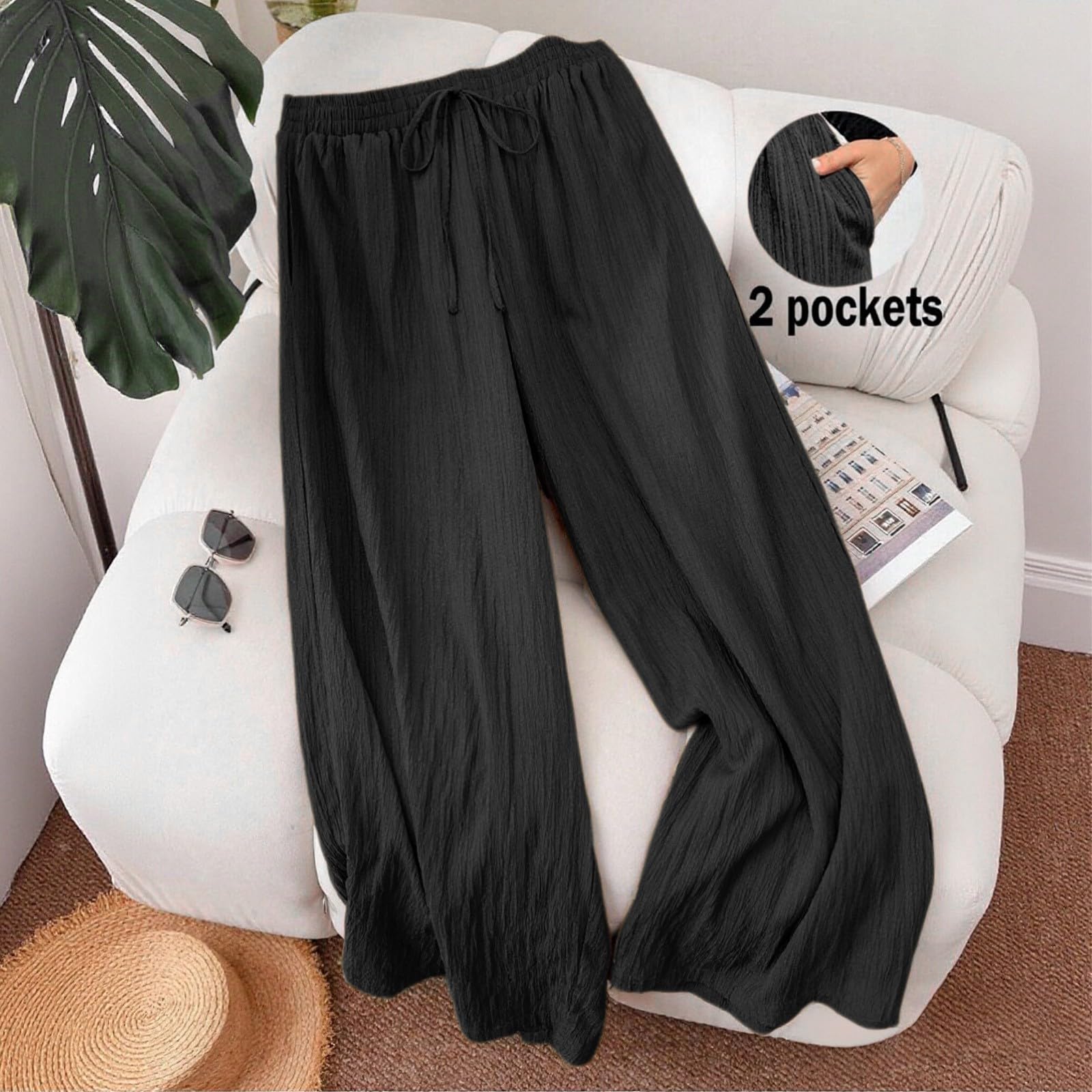 Generisch Pantalon long en mousseline pour femme - Pantalon d'été Palazzo élégant - Léger et aéré - Couleur unie - En coton - Pantalon de plage - Pantalon de loisirs - Élastique - Avec cordon de