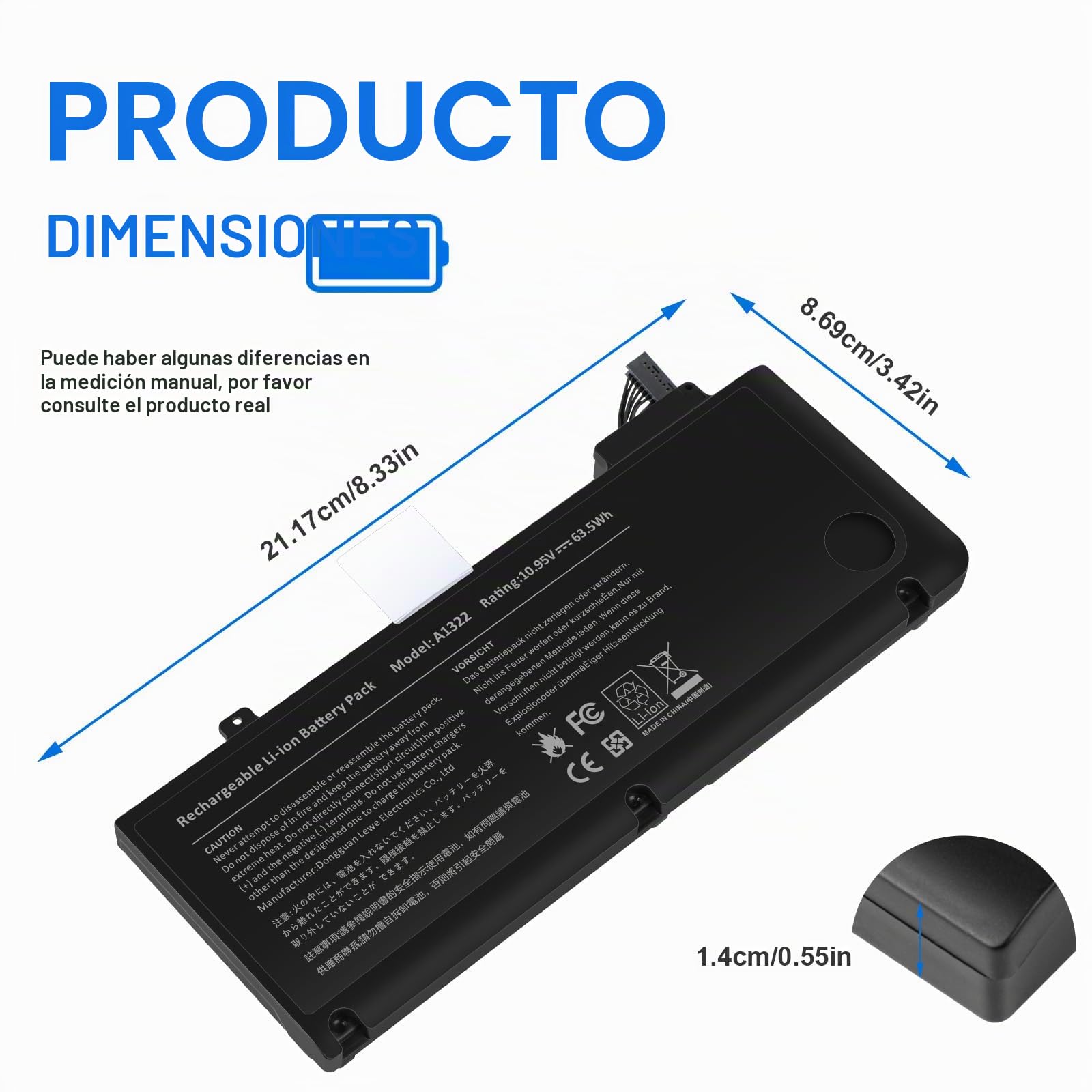 A1278 A1322 Baterías para portátiles y netbooks para MacBook Pro 13 Inch [2009 2010 2011 2012 Version] con Gran Capacidad & Alto Rendimiento & Larga Vida [10.95V 65.7Wh]