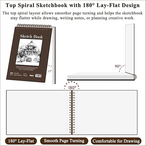 Miniatura 3 de Cuaderno de bocetos de 9 x 12 pulgadas, bloc de bocetos con espiral superior, paquete de 1 bloc de 100 hojas (68 libras/3.53 oz/m² - 100 g/m2)