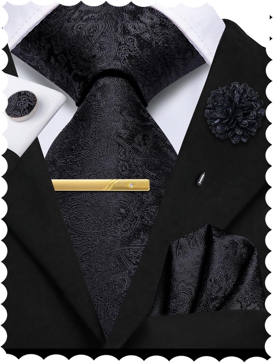 Hi-Tie Silk Ties for Men Pink Blue Black Mens Ties Set 4 PCS Necktie Pocket Square Cufflinks Clip Pin for Wedding