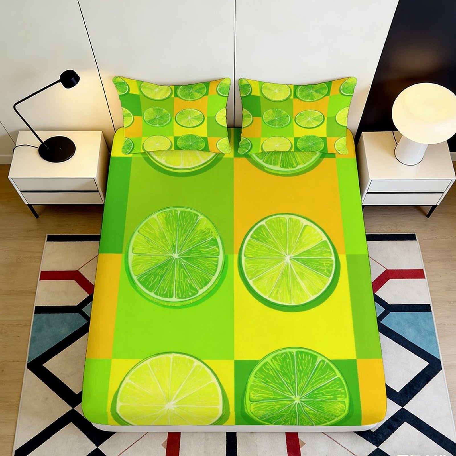 3D Printed Lime Slice Fitted Sheet Microfiber Soft Breathable Citrus Pattern Bed Cover for Bedroom Dorm Youth Decor 90x200x25cm