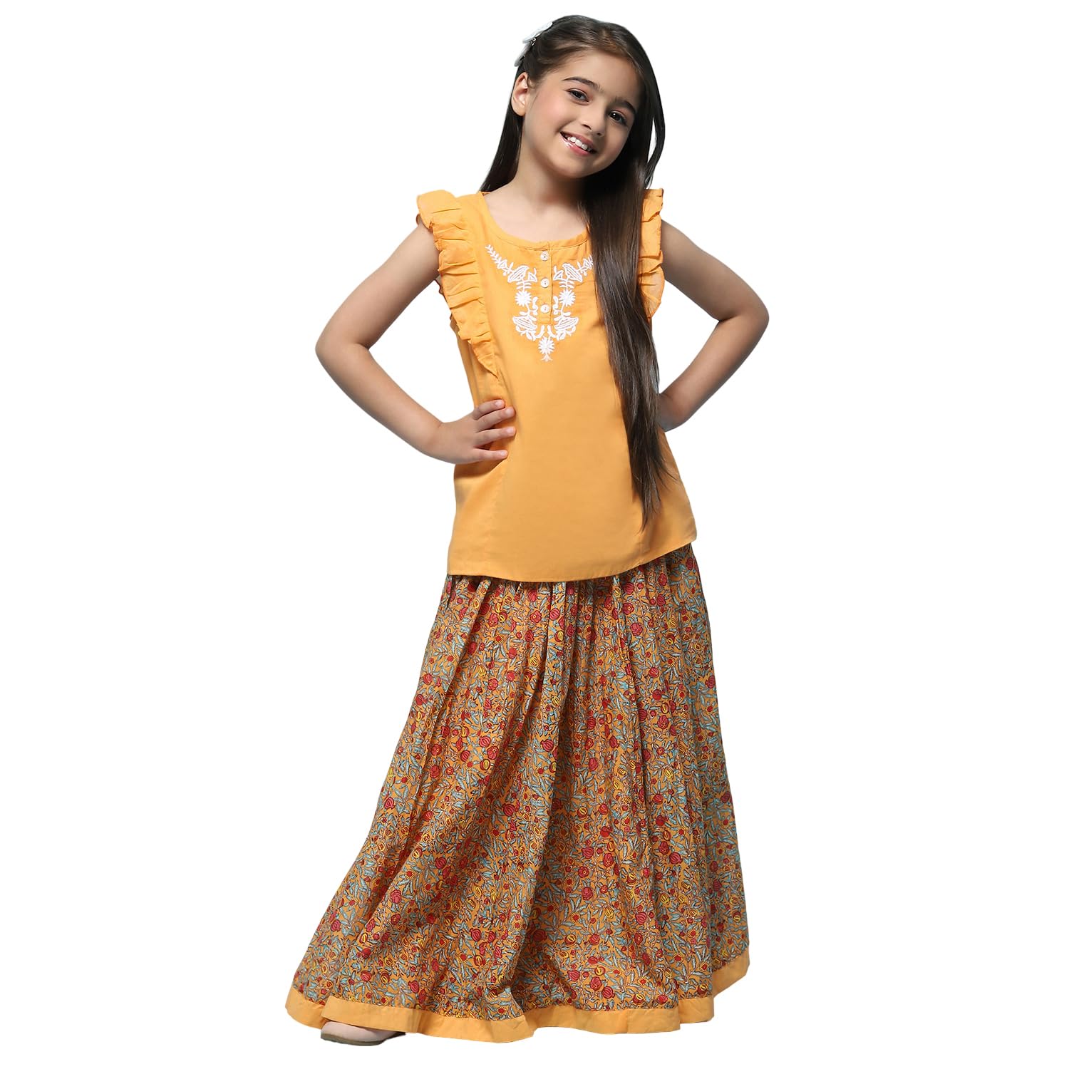 Biba Girls Cotton PRINTED STRAIGHT Salwar Suit Set (KWSUMMER BREEZE2674E_ORANGE_11), 10-11 Years