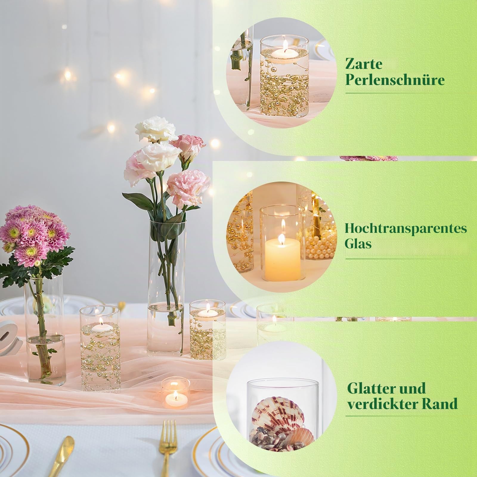 Hewory Glasvase Zylinder 12er Vasen Set Kerzengläser mit 2 Wasserperlen | Zylindervasen Set, Glaszylinder für Kerzen, Klar Vase Glas Windlicht Glas für Tischdeko Hochzeit, 10/15/20/25cm