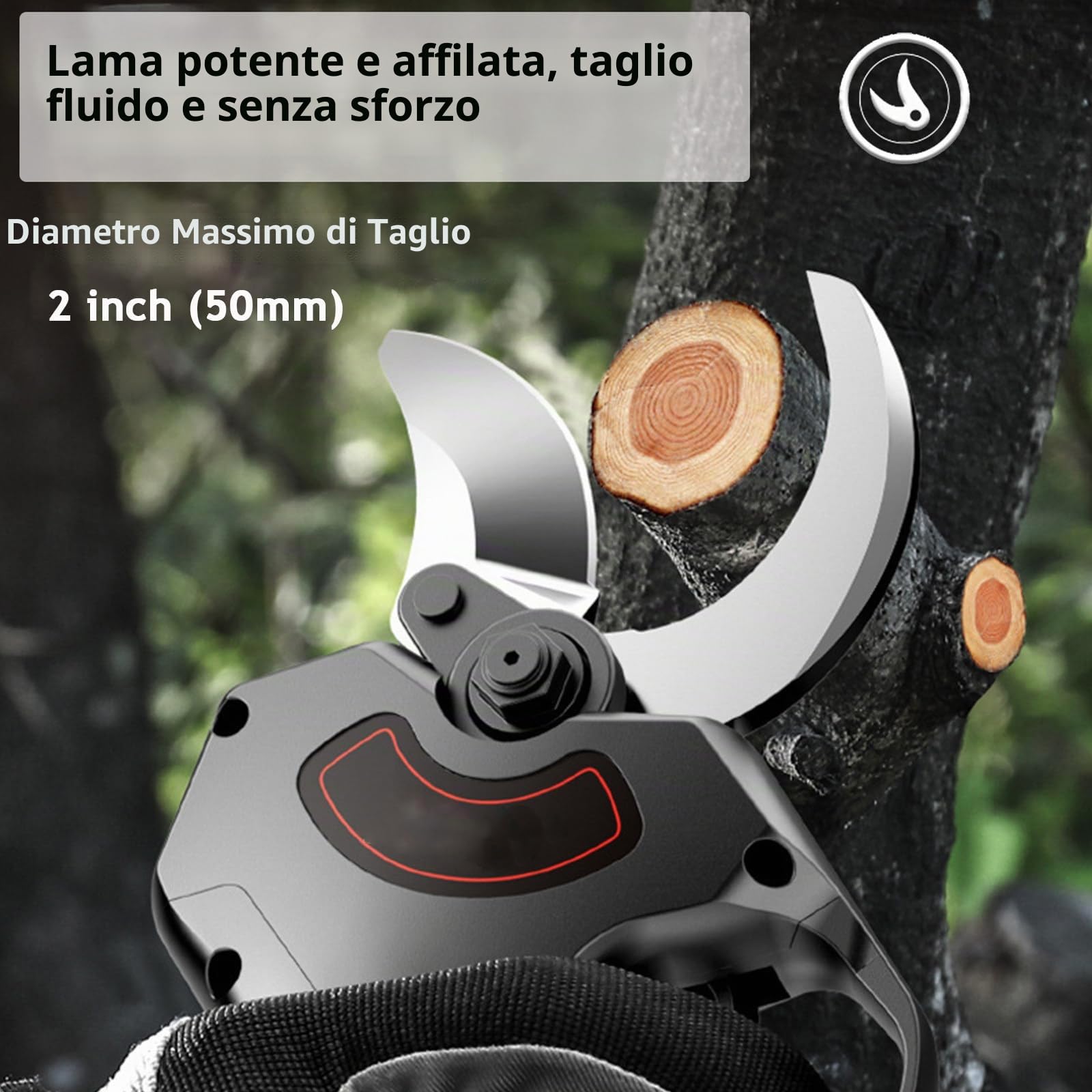 Forbici Potatura a Batteria, 50mm, Acciaio al Carbonio SK5, Asta Estensibile, 2 Batterie, Per Vigneti, Ulivi, Giardinaggio