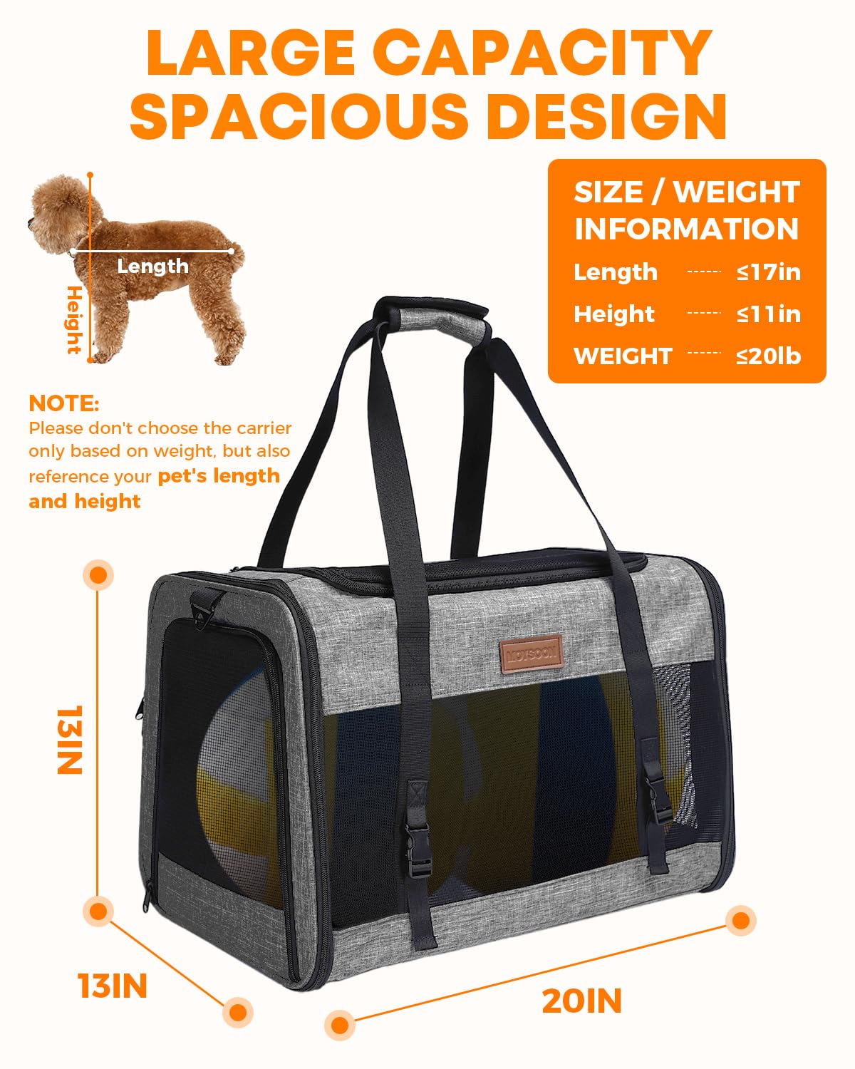 Large Cat Dog Carrier for Pet Up to 20 Lb - 20×13×13 in, Top & Side Entry, Foldable, Soft-Sided Pet Carrier with Ventilated Anti-Scratch Mesh & Car Seat Buckle for Car, Travel and Vet – Grey - image 2