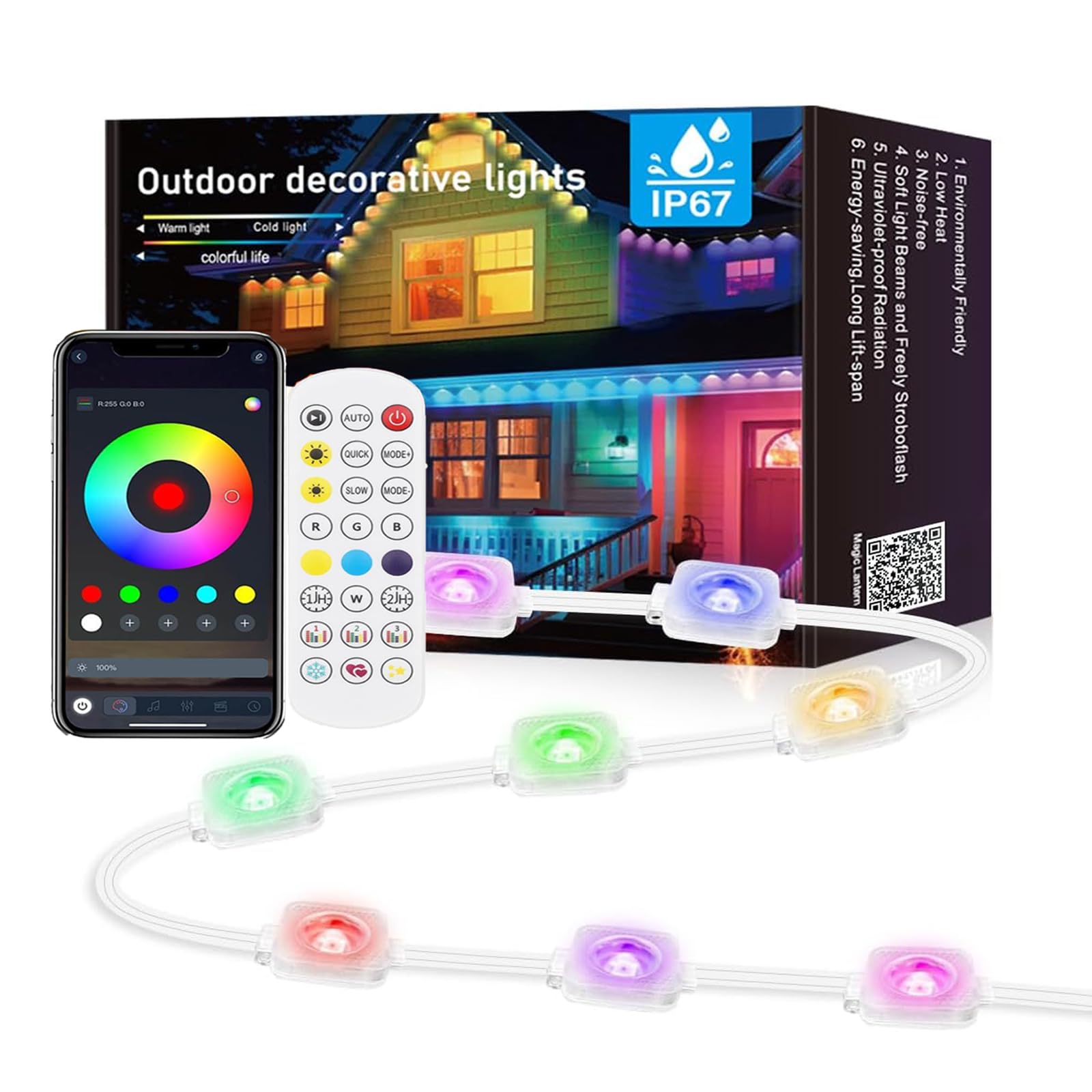 Permanent Outdoor LED Lights for House - 50ft IP67 Waterproof RGB+IC Holiday Lighting with Music Sync, 54 Scene Modes & App/Remote Control for Christmas, Garden, Parties