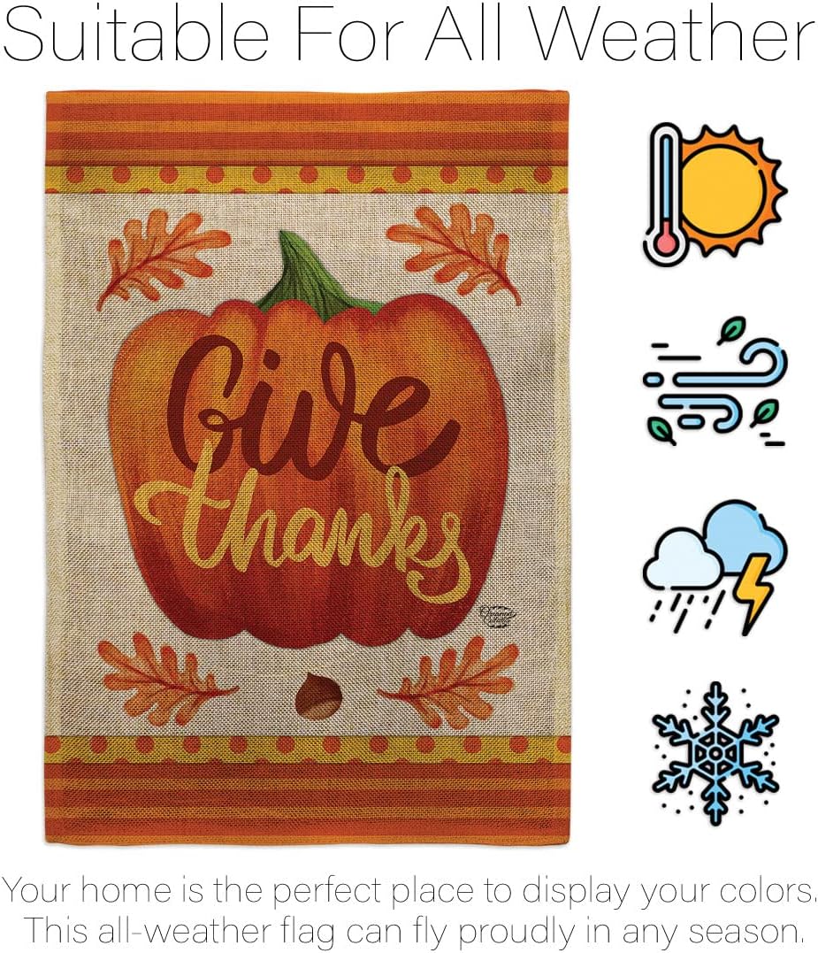 Pumpkin Give Thanks Garden Flag Fall Thanksgiving Turkey Gobble Season Autumntime Cornucopia House Decoration Banner Small Yard Gift Double-Sided, Thick Burlap, Made in USA