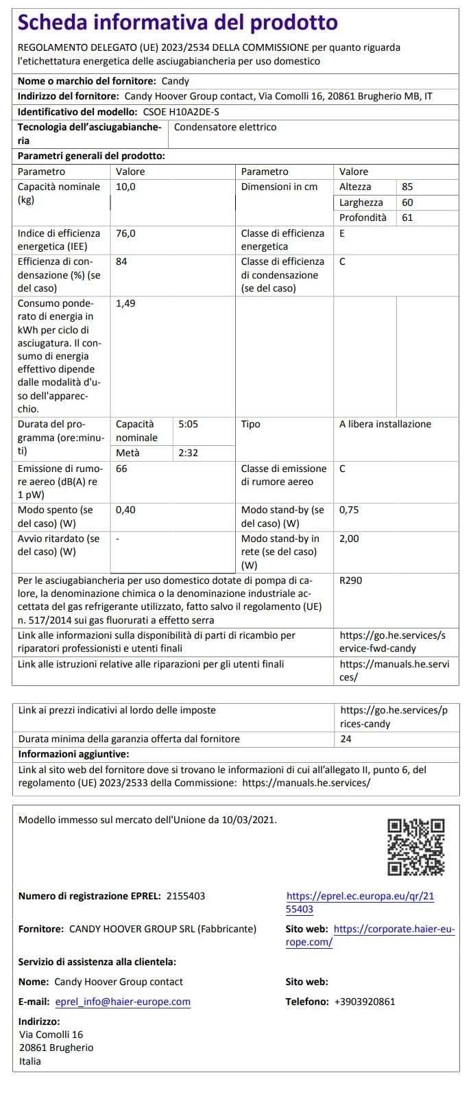 Candy Smart Pro CSOE H10A2DE-S Sèche-linge 9 kg, pompe à chaleur, libre installation, contrôle à distance avancé, 40 programmes, connexion Wi-Fi, classe A++, blanc, LxPxA (cm) 59,6x58,5x85