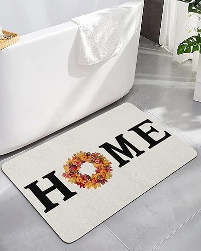 Non Slip Bath Mat Rug, Absorbent Bathroom Rugs Washable Floor Mats - Thanksgiving Fall Pumpkin Maple Wreath Quick Dry Shower Mat for in Front of