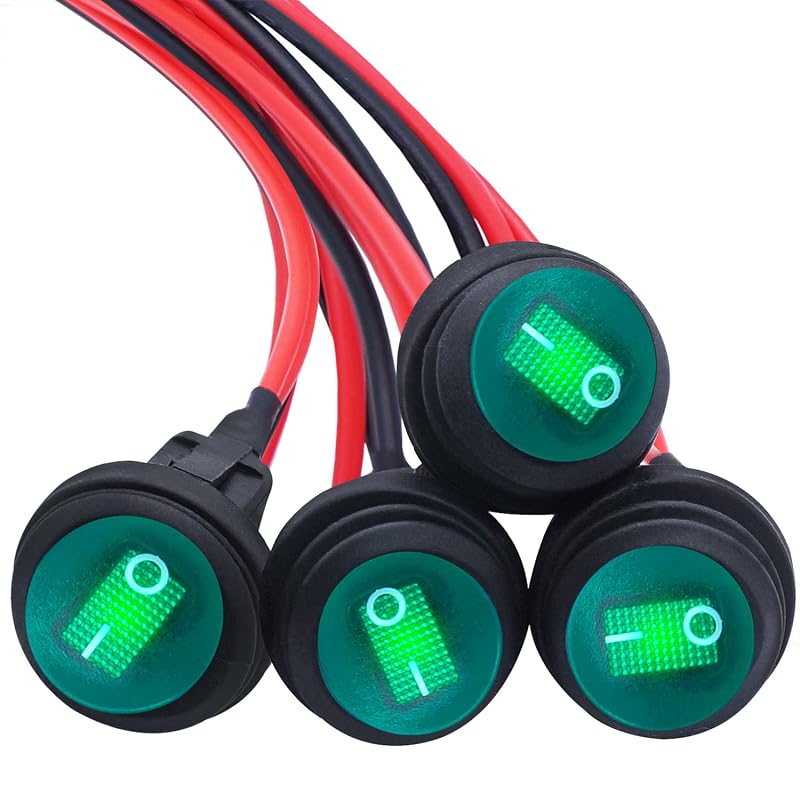 Interruptor Rocker Redondo mankk 12 V 20 A SPST 3 Pinos com LED Verde e Fios – Kit com 4 unidades