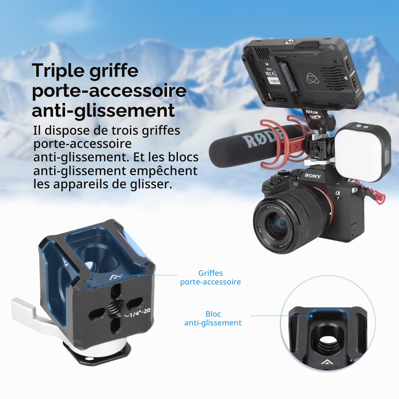 Nitze Adaptateur Cold Shoe Triple avec Trou Fileté de 1/4", Trous de Positionnement Arri de 1/4" et 3/8", pour Caméra Support de Moniteur, Bras Magique, Lumière LED et Microphone - N45-A1