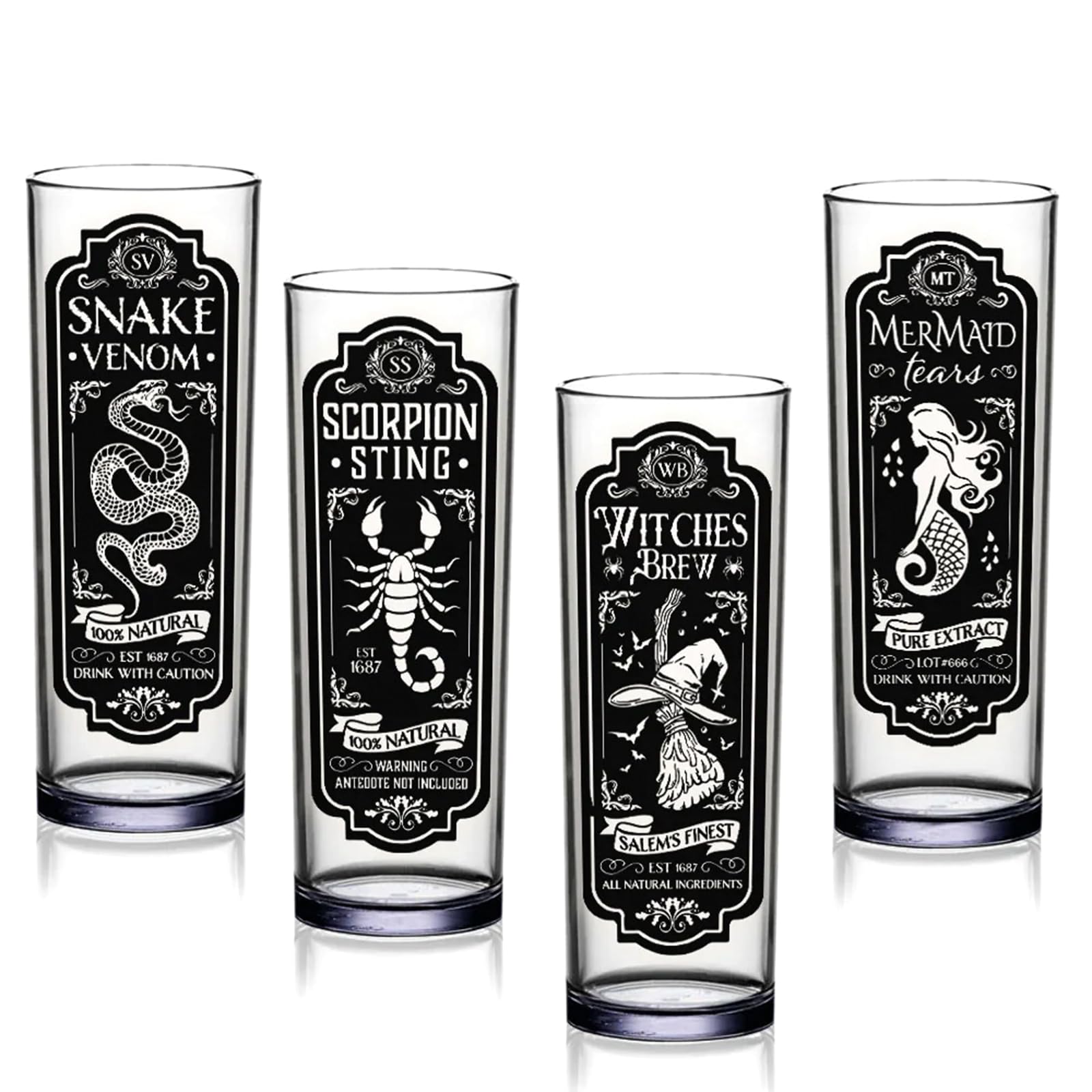 BARCONIC® Highball/Collins Glasses - Halloween Themed Apothecary Designs (Set of 4)