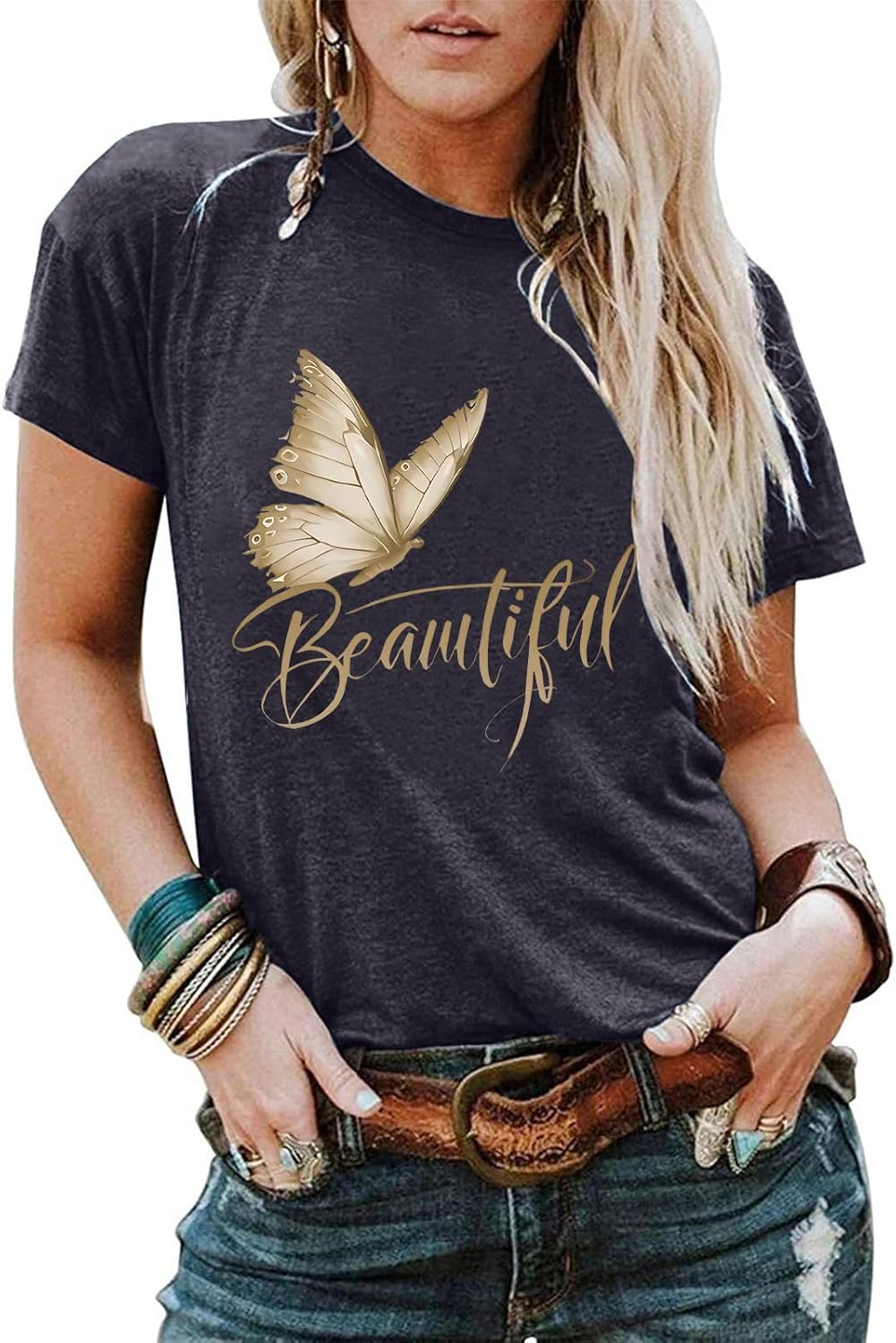 Women’s Butterfly Top Vintage Aesthetic Graphic T Shirt, Crew Neck Short Sleeve Blouse Casual - Image 5