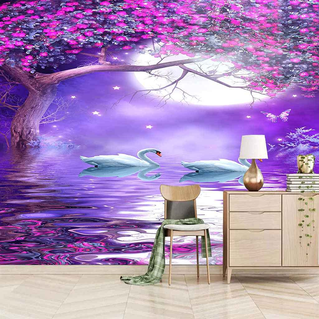 Papier peint vue sur le lac violet 350x256 cm canevas auto-adhésif mural
