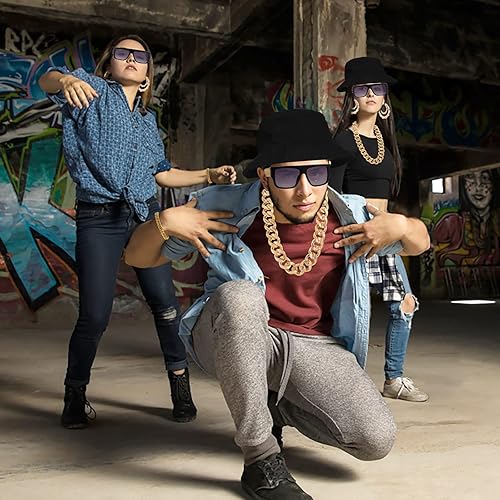 Miniatura 7 de Kit de disfraz de hip hop de los años 8090, trajes de rapero DJ, pulsera de cadena dorada punk, sombrero de cubo, gafas vintage, aretes de aro de