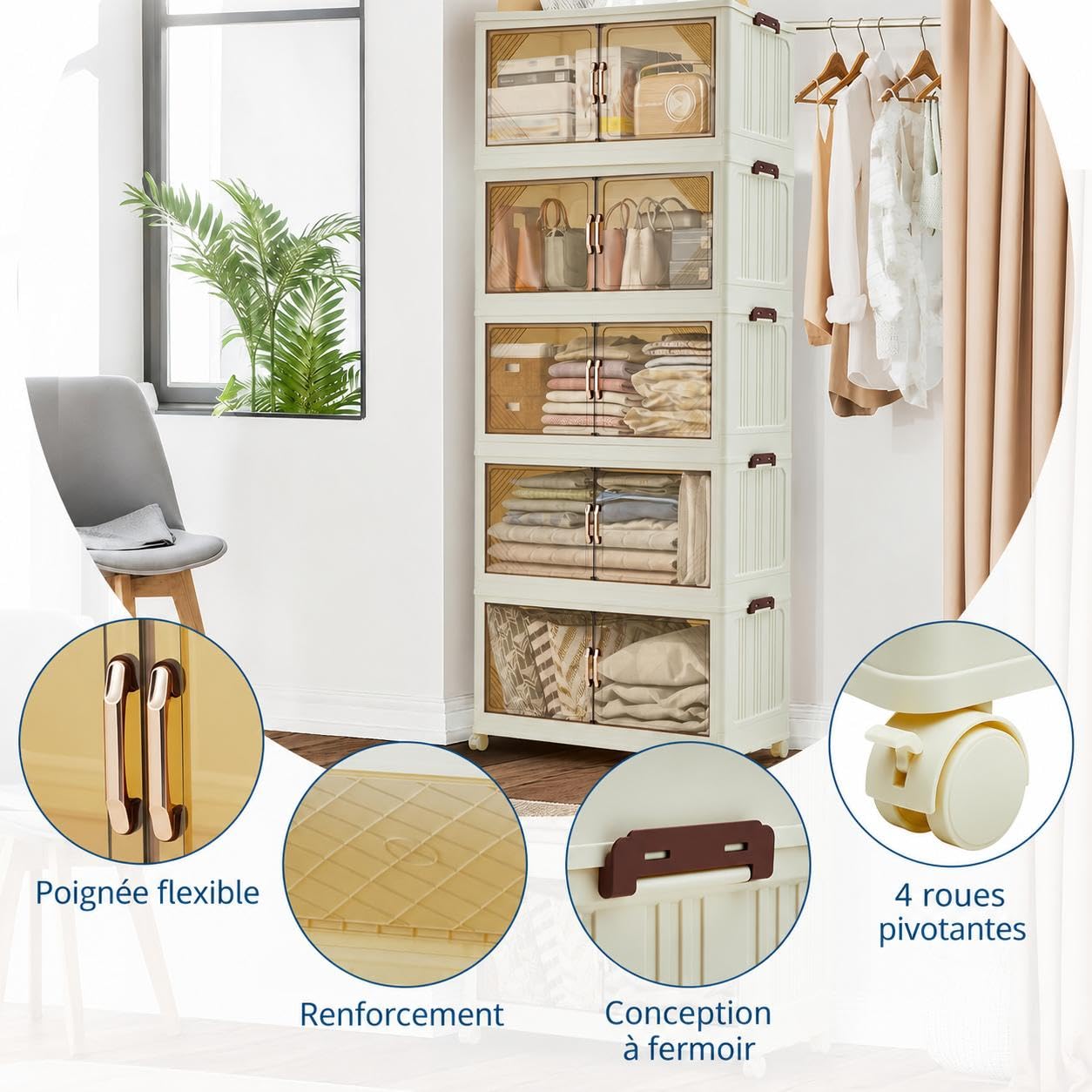 Grand capacité 630L – Boîte de rangement empilable avec couvercle et tiroirs pliables – Portes magnétiques, roulettes verrouillables – Parfaite pour chambre, armoire, bureau – Plastique