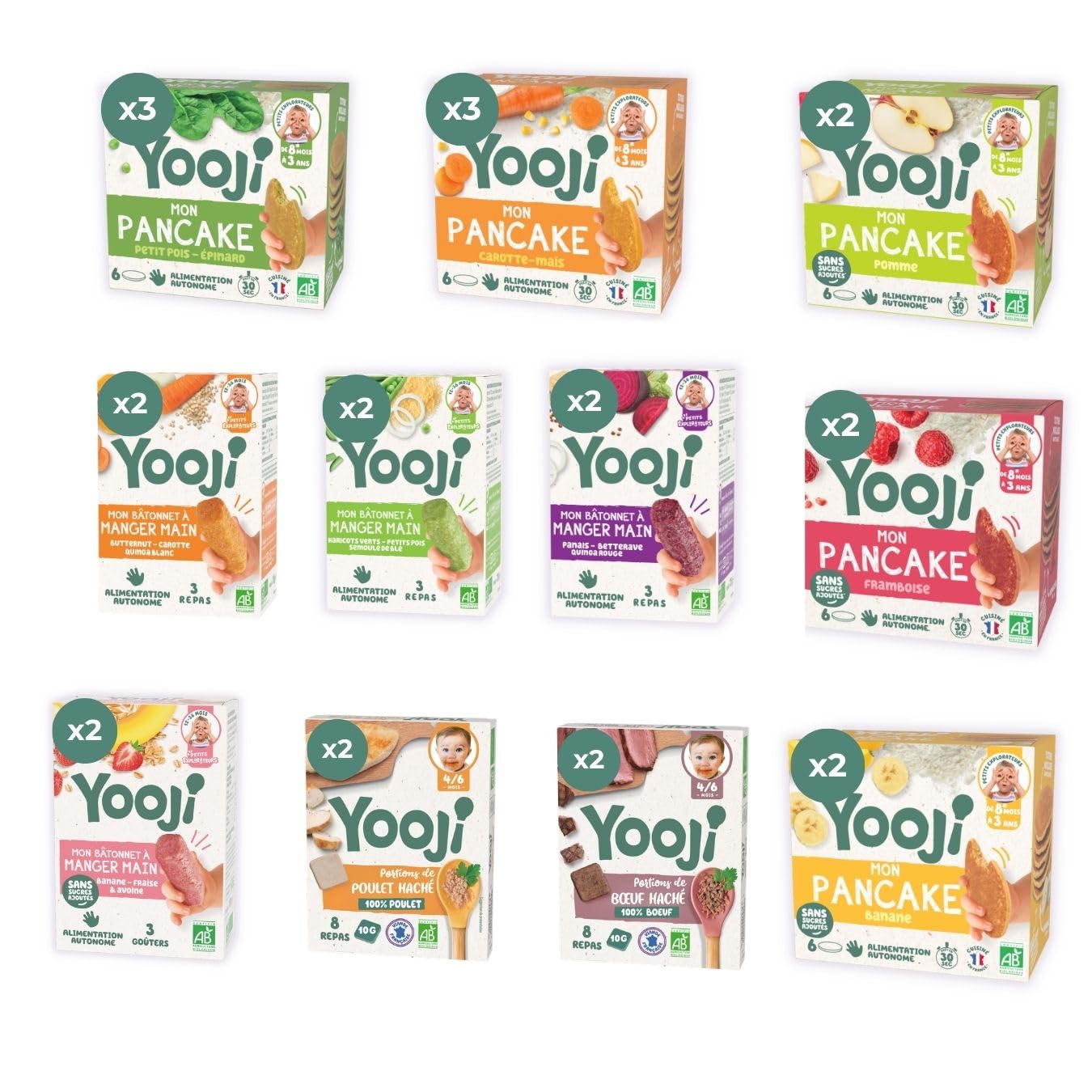 Yooji - 43 Repas bébé bio dès 12 mois morceaux DME & alimentation autonome - Bâtonnets Pancakes Viande Légumes et féculents