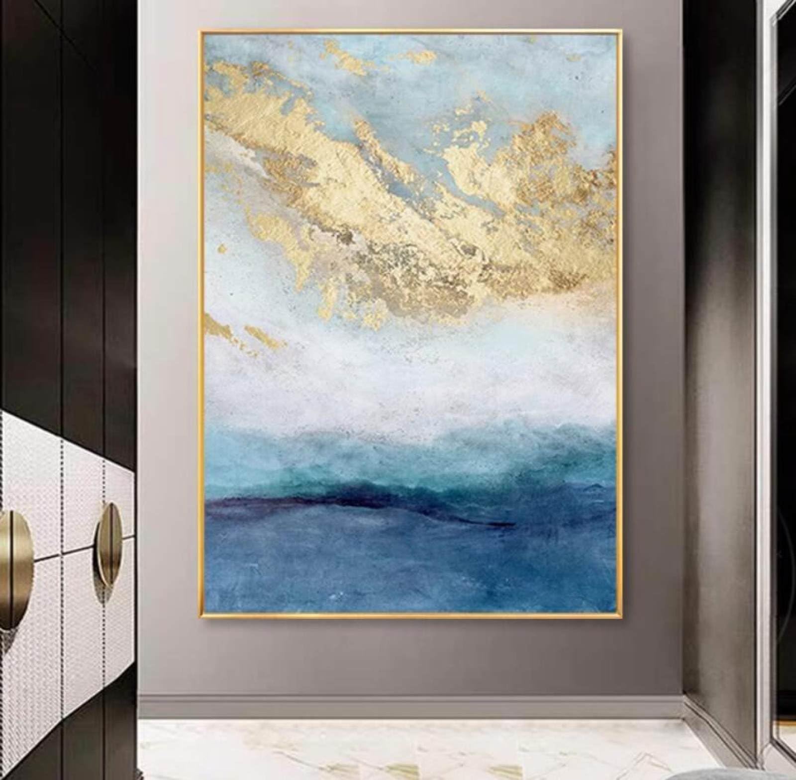 Peinture sur toile d'art moderne tableau abstrait feuille d'or décoration murale salon 100 cm