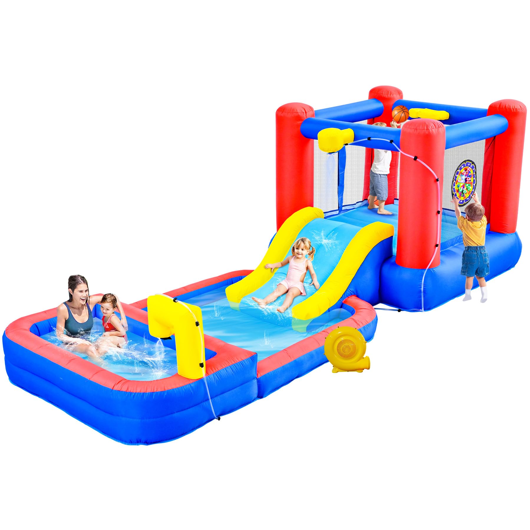 Photo 1 of WELLFUNTIME 2 in 1 Inflatable Water Slide & Bouncy Castle with Blower, Water Park with Sprayers, Deep Pool, Dartboard & Basketball Hoop