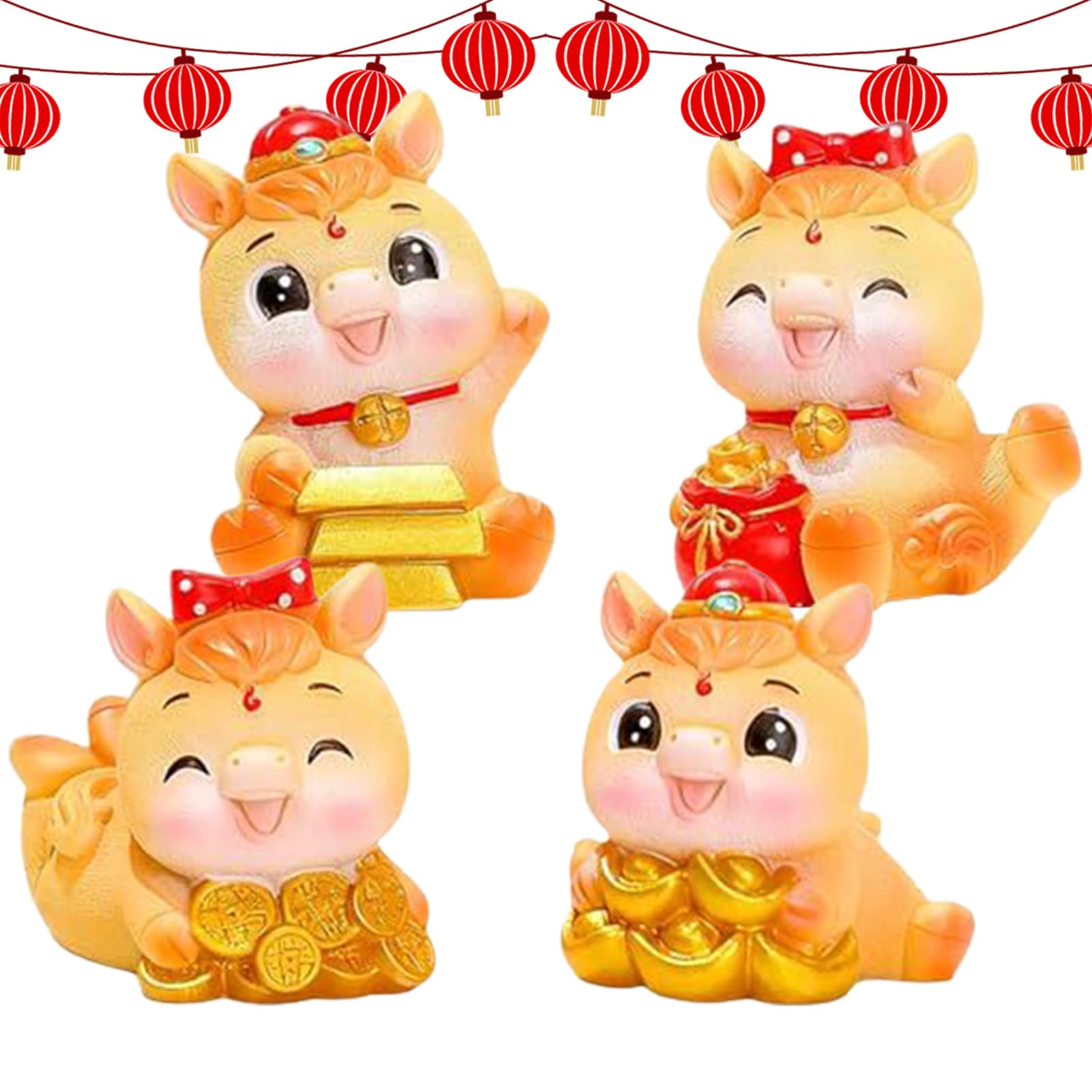 Cadeau fortune pour le Nouvel An chinois : lot de 4 figurines année du cheval en résine