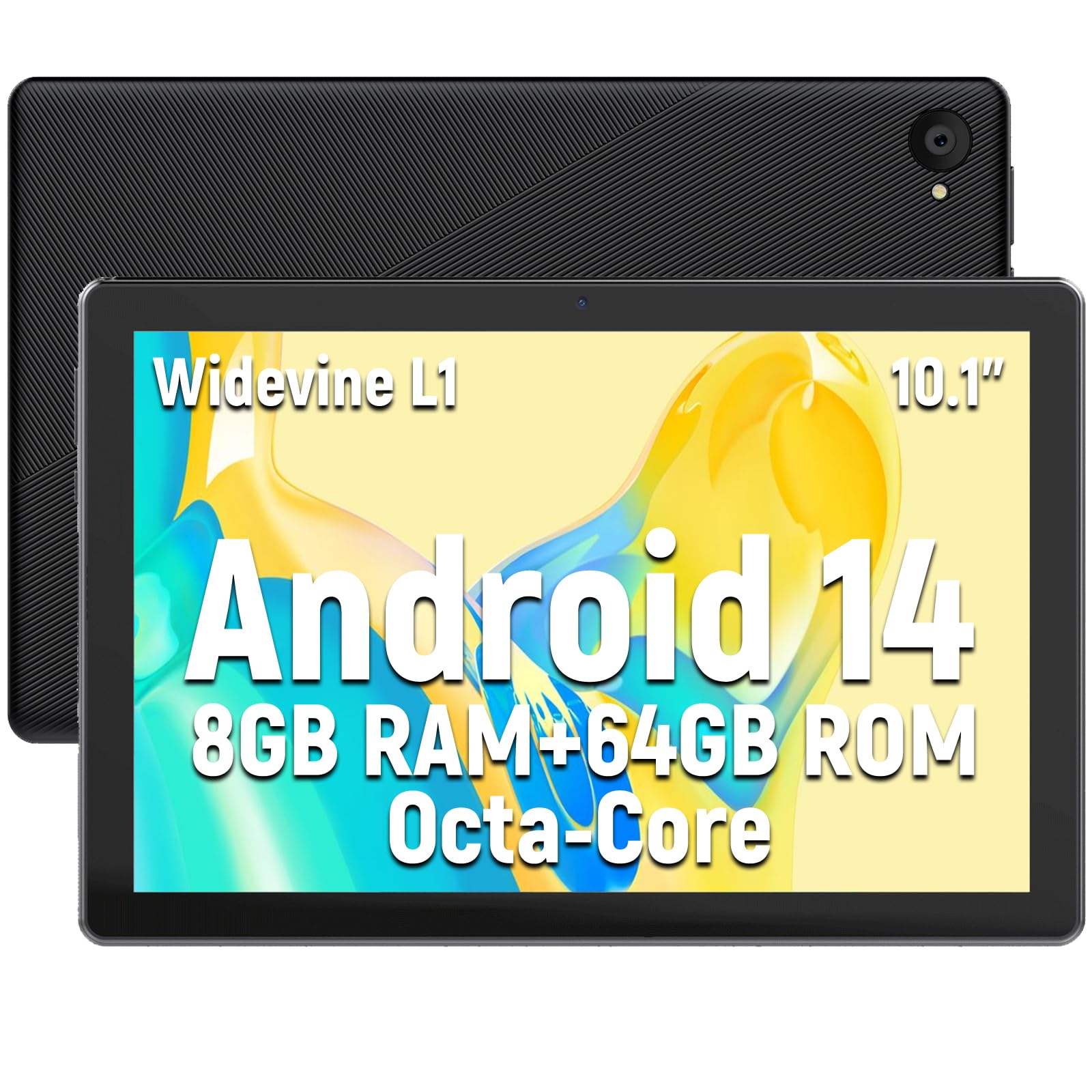 Tablet 10 Inch Android 14 Tablet Octa-Core Tablet, Widevine L1 and 8GB + 64GB + 1TB TF, WiFi 6 Bluetooth 5.3, Supports OTG Transmission and Face Unlock, 5000mAh, Type C Headphone Jack, Black