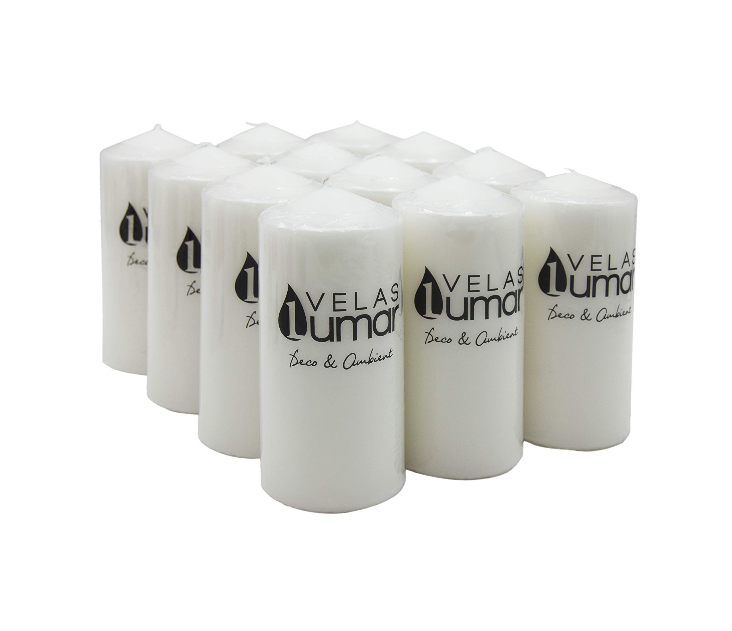 Lumar - Conjunto de 12 Velas decoración Grandes 15cm Alto x 7cm diámetro - Primera Calidad - Blanco - duración 60 Horas - Fabricadas en España