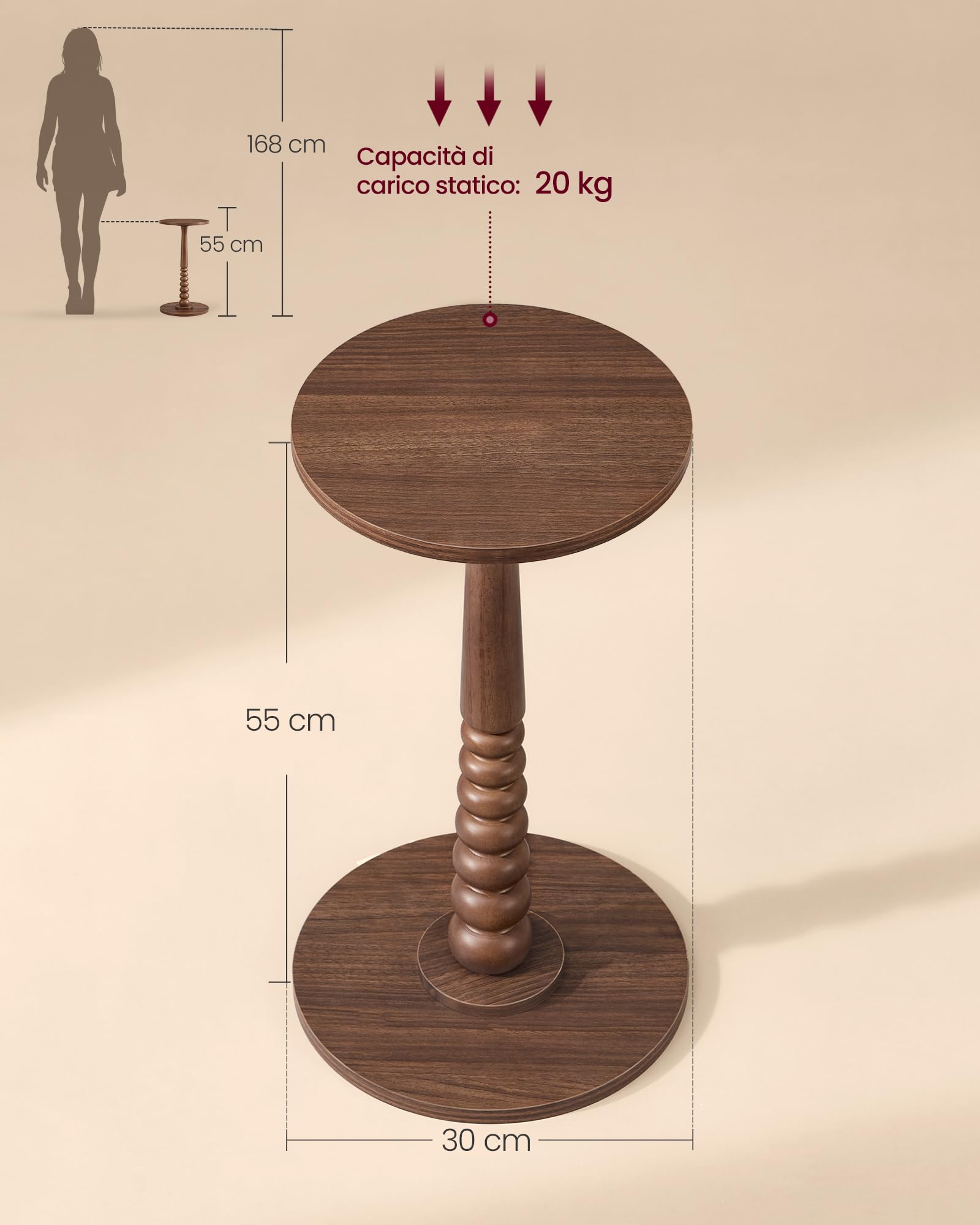 VASAGLE MARIEL Collezione - Tavolino Rotondo, Tavolino Porta Bevande, Guéridon, per Piccoli Spazi, Gambe in Legno, Stile Rustico, per Soggiorno e Camera da Letto, Marrone Castagno LET293KX01