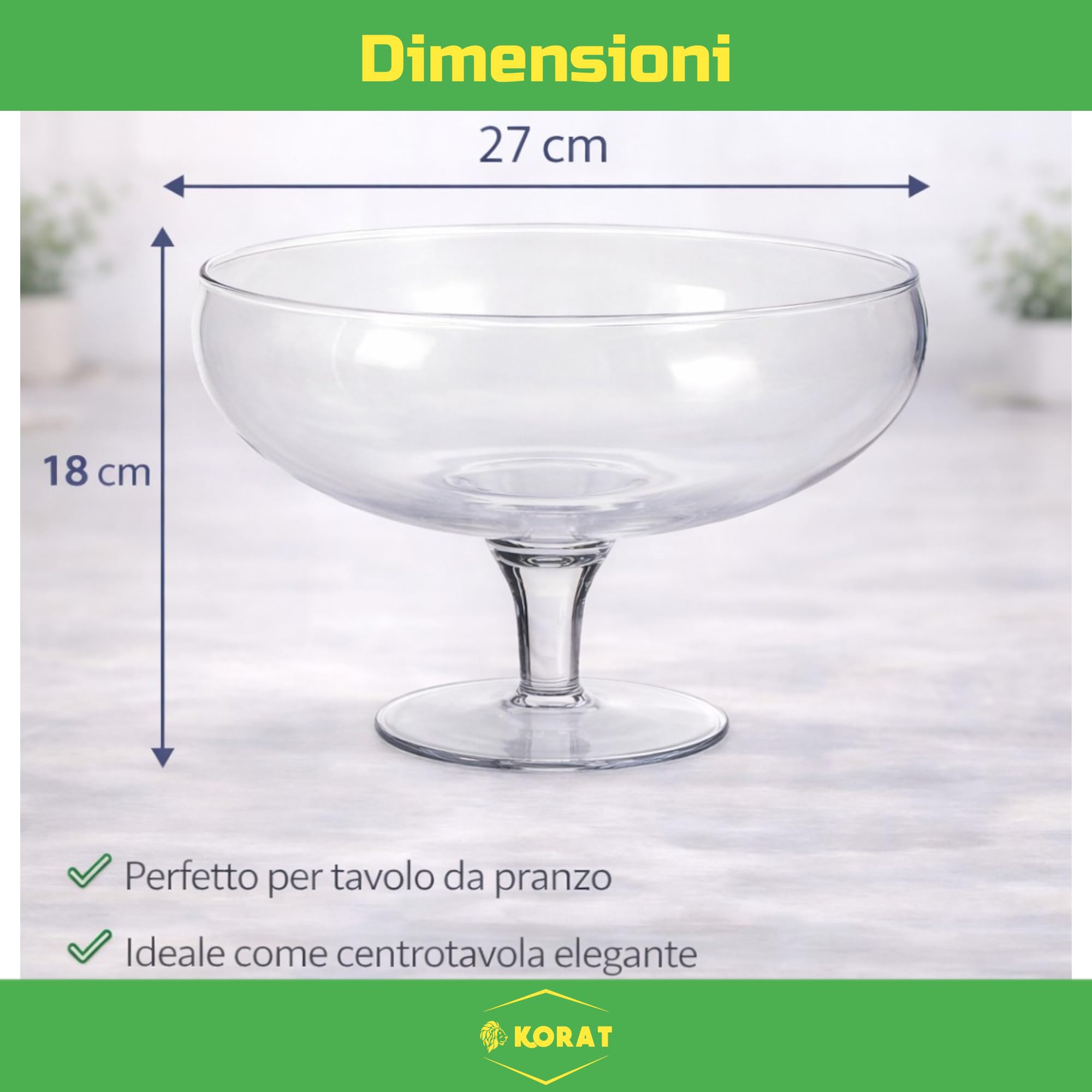 KORAT - Centrotavola in Vetro con Piede – Coppa Decorativa Trasparente per Frutta, Dolci, Confetti e Decorazioni – Alzata Elegante per Tavolo e Casa – Design Moderno 27 x 27 x 18 cm