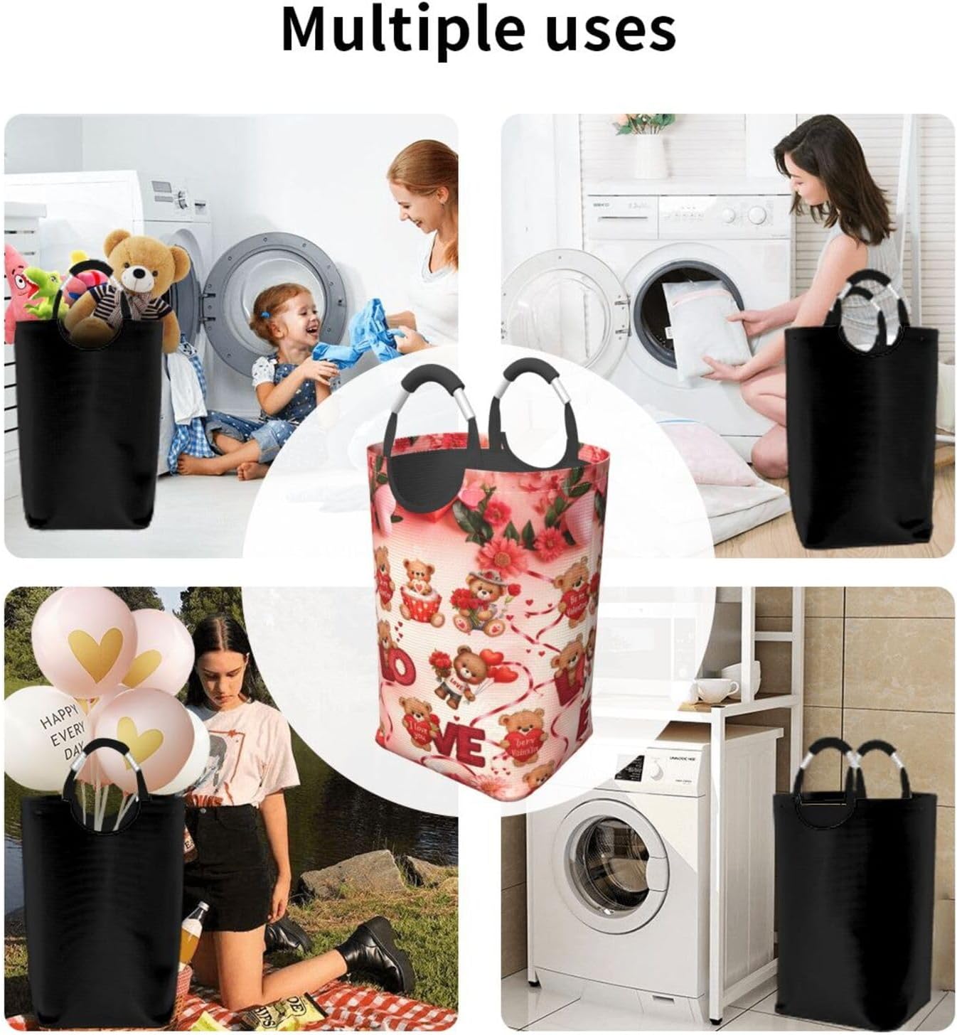 Teddy Love Hearts Foldable Dirty Laundry Bag, Waterproof Oxford Fabric With Pe Board Base, 50l Capacity For Home & Travel