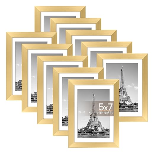 upsimples 5x7 Picture Frame Set of 10, Display Pictures 4x6 with Mat or 5x7 Without Mat, Multi Photo Frames Collage for Wall or Tabletop Display, Real Glass, Gold