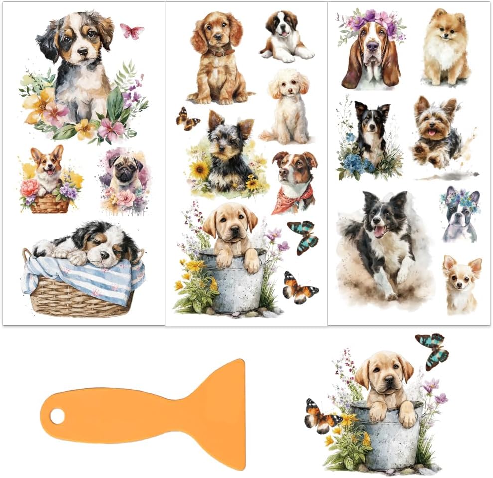 OLYCRAFT 3pcs/Set Dogs and Flowers Rub on Transfers for Furniture and Craft 15x30cm Dog Furniture Decal Transfer Stickers Rub on Decal with 1pc Scraper for Scrapbook Window Home Decoration