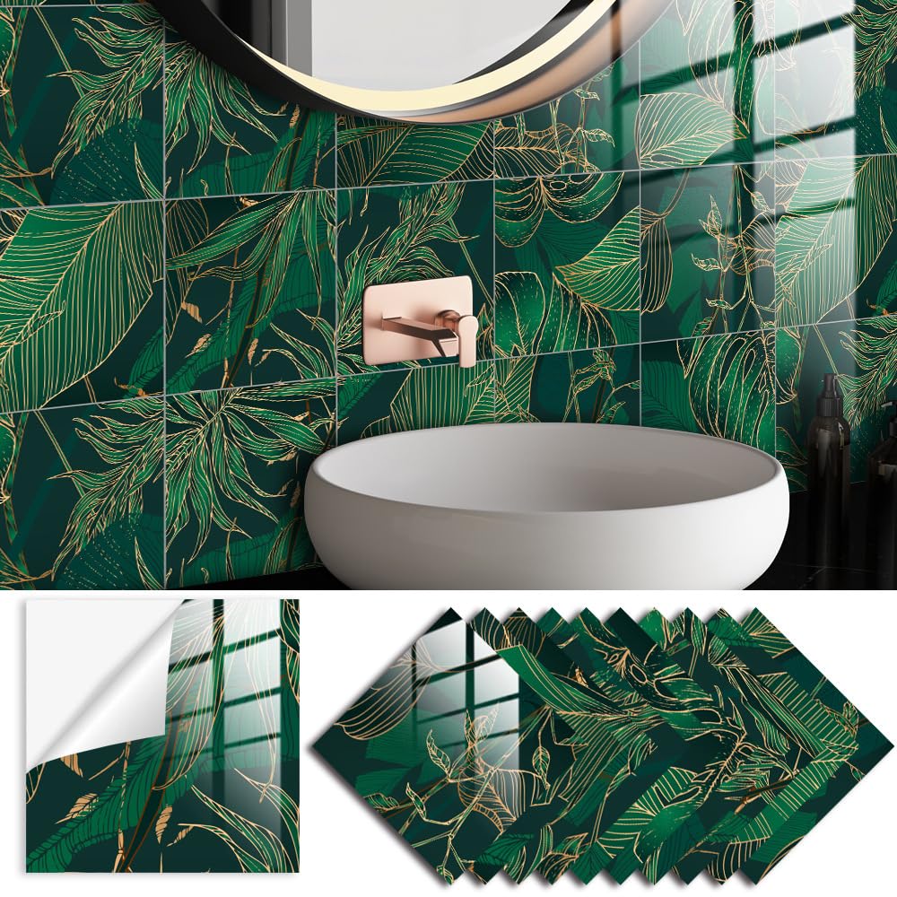 LMYSXAOZ 20 PCS Self Adhesive Wall Tiles, Peel and Stick DIY Floor Marble Tiles (20x20cm,Green Leaves) for Kitchen Bathroom