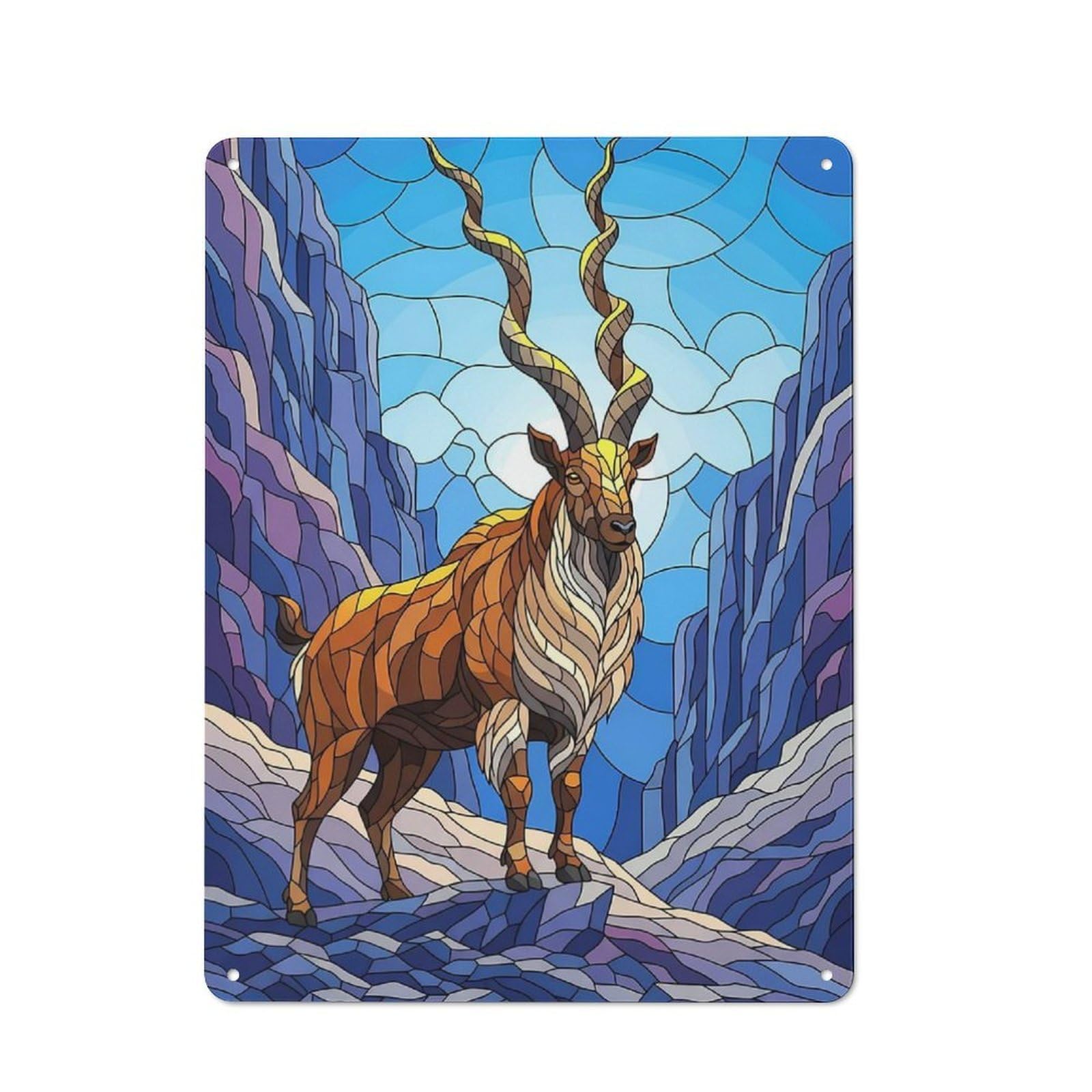 Junmoney Stained Glass Markhor In Mountains Printed Metal Sign 40X30cm For Guest Room Or Hallway, Suited To Home Decor Collectors