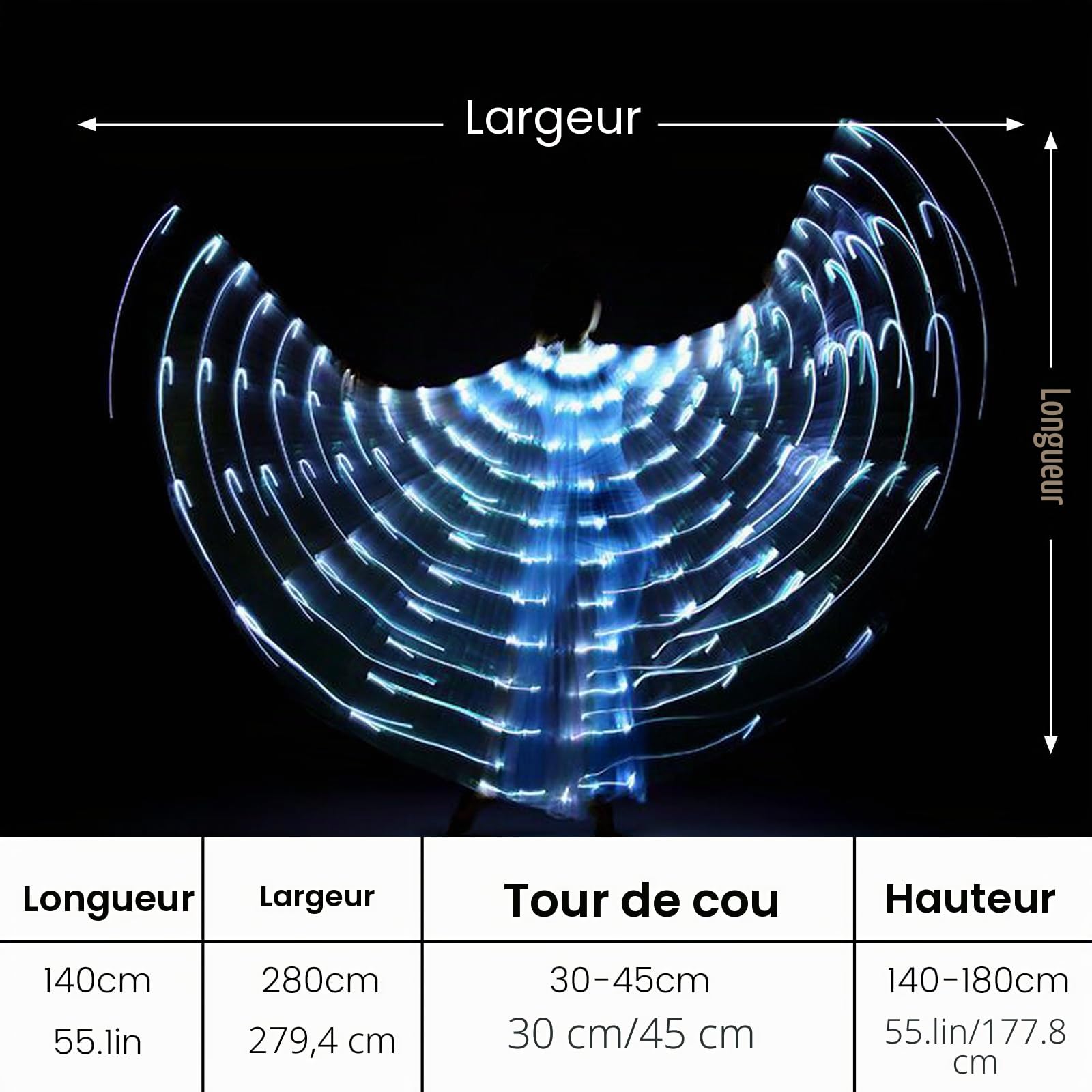LED Isis Ailes LED 360 ° pour Adultes avec Baguettes télescopiques de 20 à 100 cm pour Danse du Ventre, Carnaval, Danse du Ventre, Carnaval, Blanc