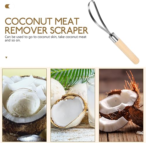 Miniatura 6 de Cabilock Recogedor de carne de coco raspador de acero inoxidable con mango de madera, herramienta de cocina para fácil eliminación de carne de coco